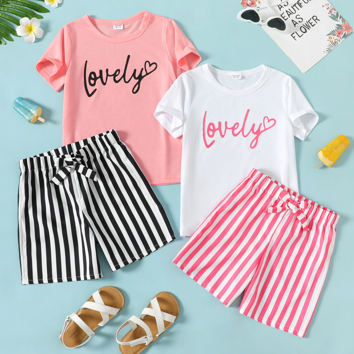 

2-piece Kid Girl Letter Heart Print Short-sleeve Tee and Bowknot Decor Stripe Shorts Set