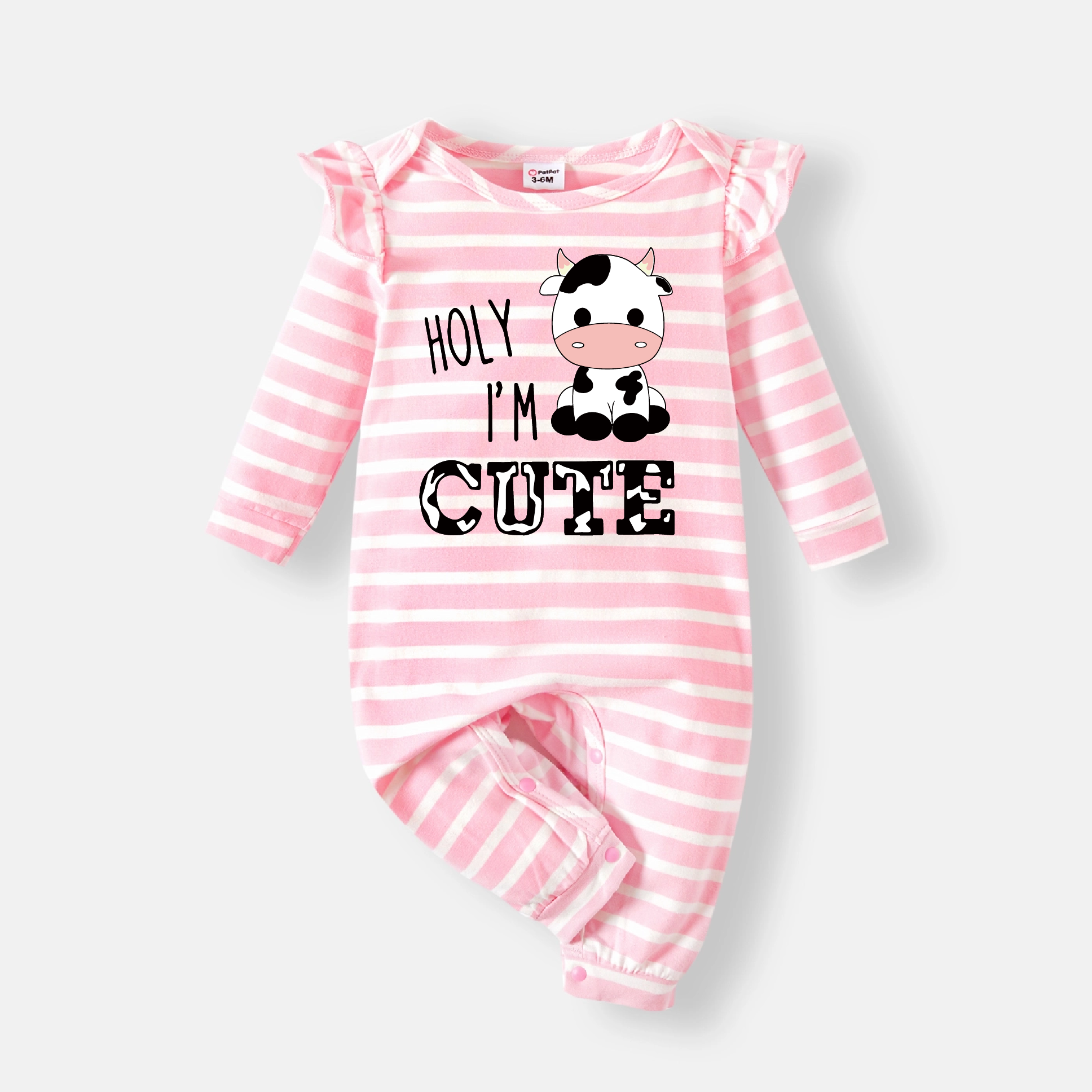 

Baby Girl Letter and Cartoon Cow Print Pink Striped Long-sleeve Jumpsuit