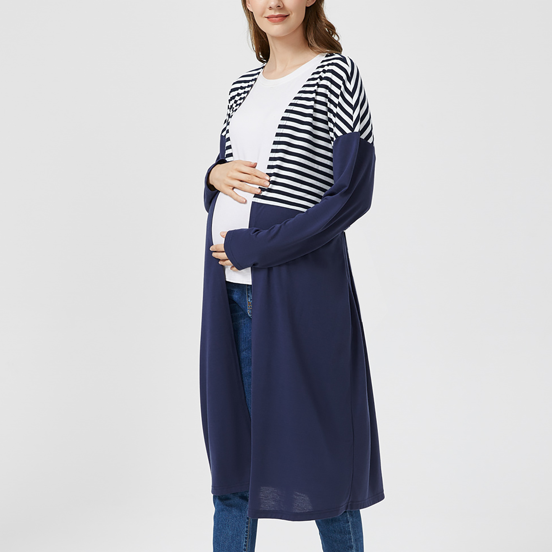 

Maternity Striped Panel Long-sleeve Belted Coat