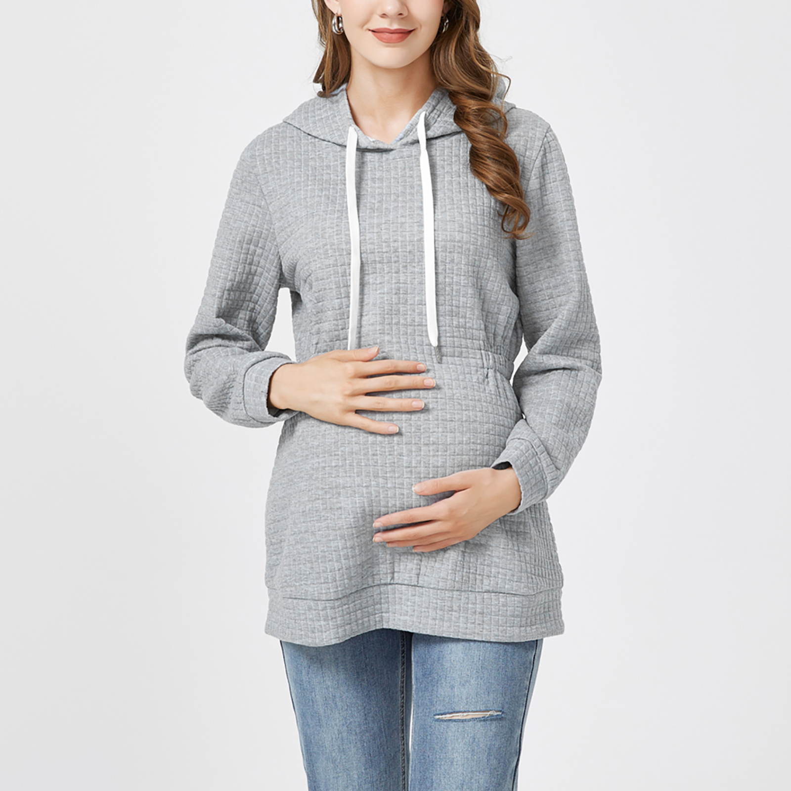 

Maternity Waffle Drawstring Long-sleeve Hooded Sweatshirt