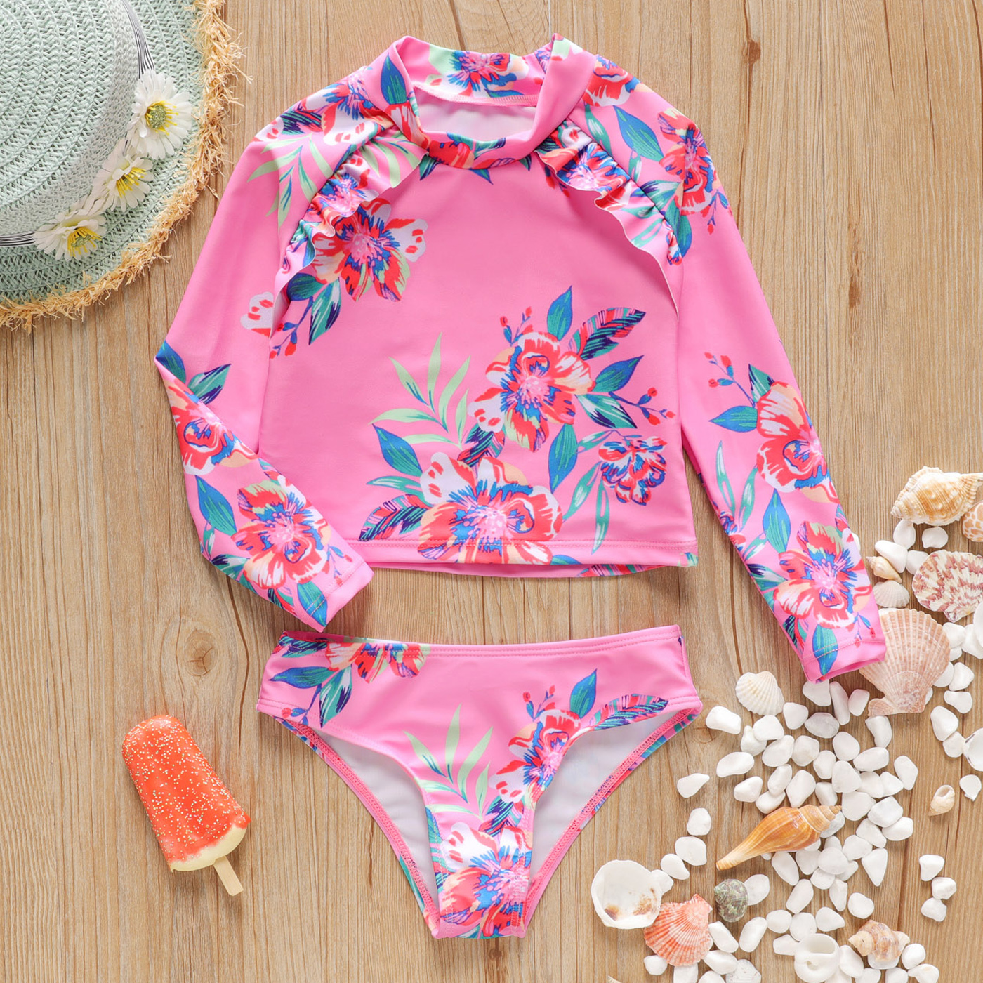 

2-piece Toddler Girl Floral Print Long-sleeve Top and Briefs Swimsuit Set