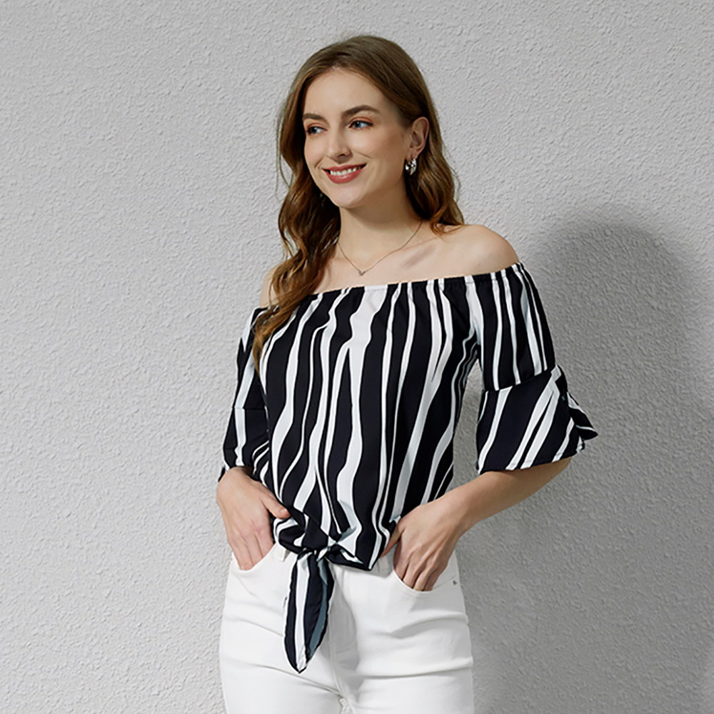

Stripe Bowknot Hem Off-Shoulder Short-sleeve Tee