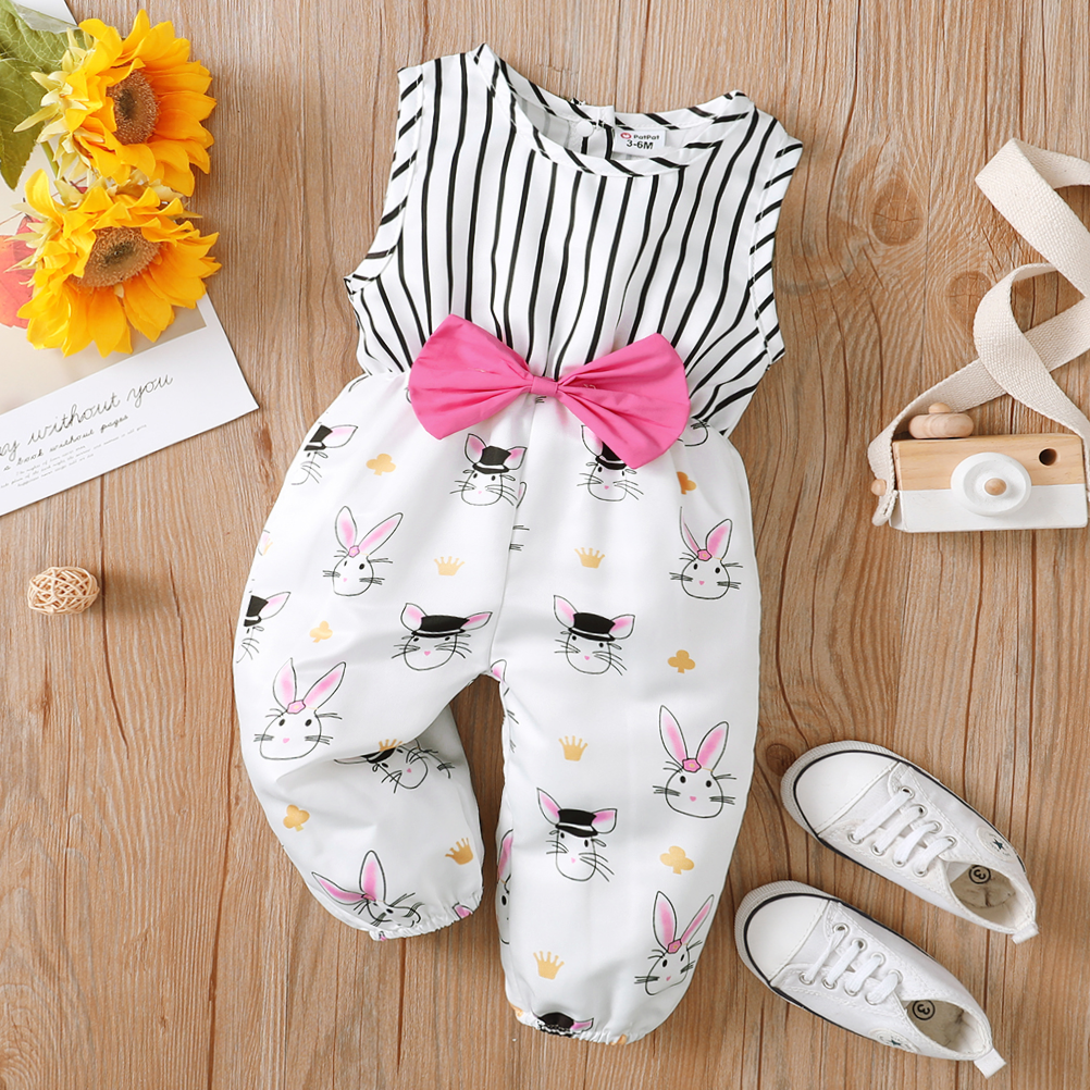 

Easter Baby Girl Striped Splicing Rabbit Print Bowknot Sleeveless Jumpsuit