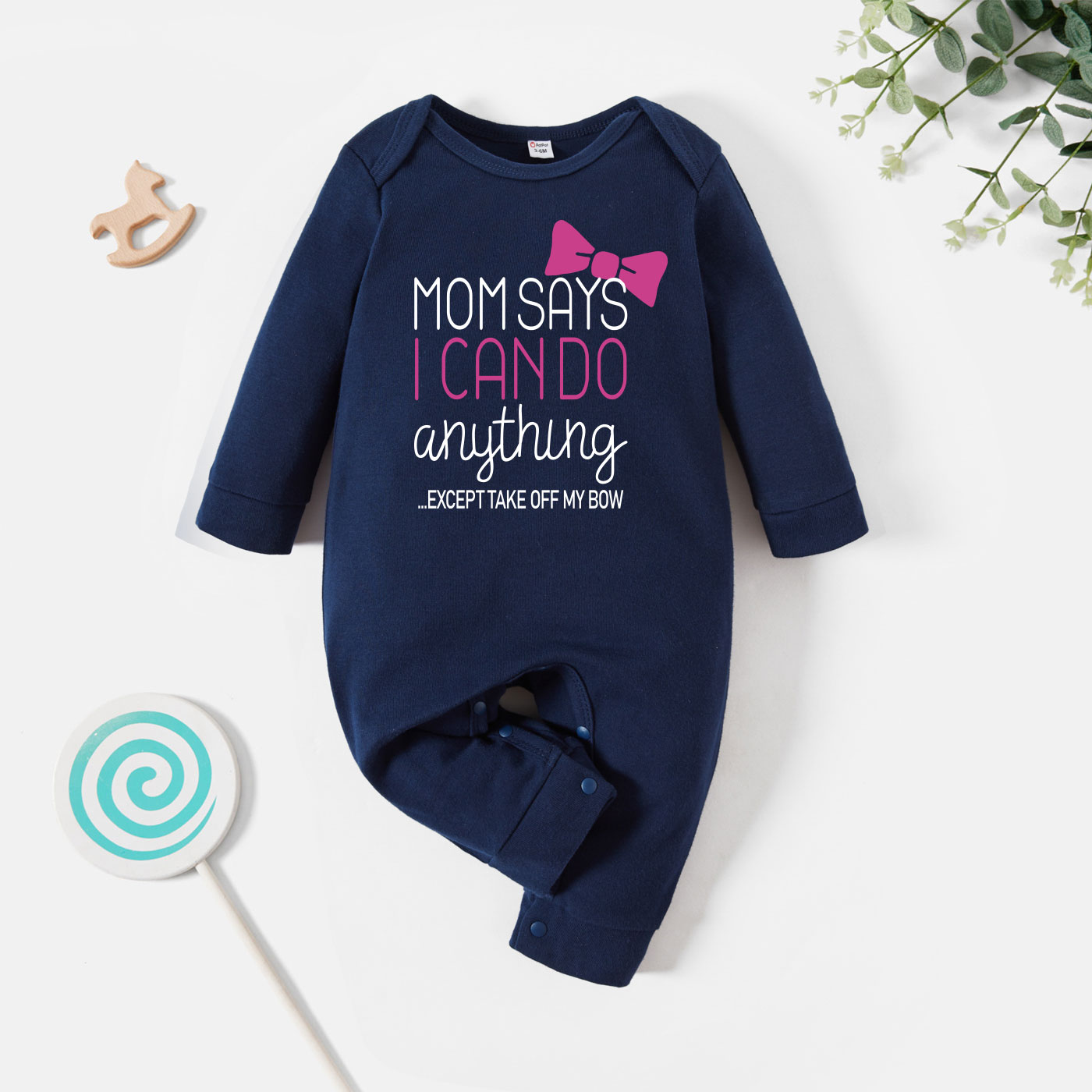 

100% Cotton Baby Girl Letter Print Dark Blue Long-sleeve Jumpsuit