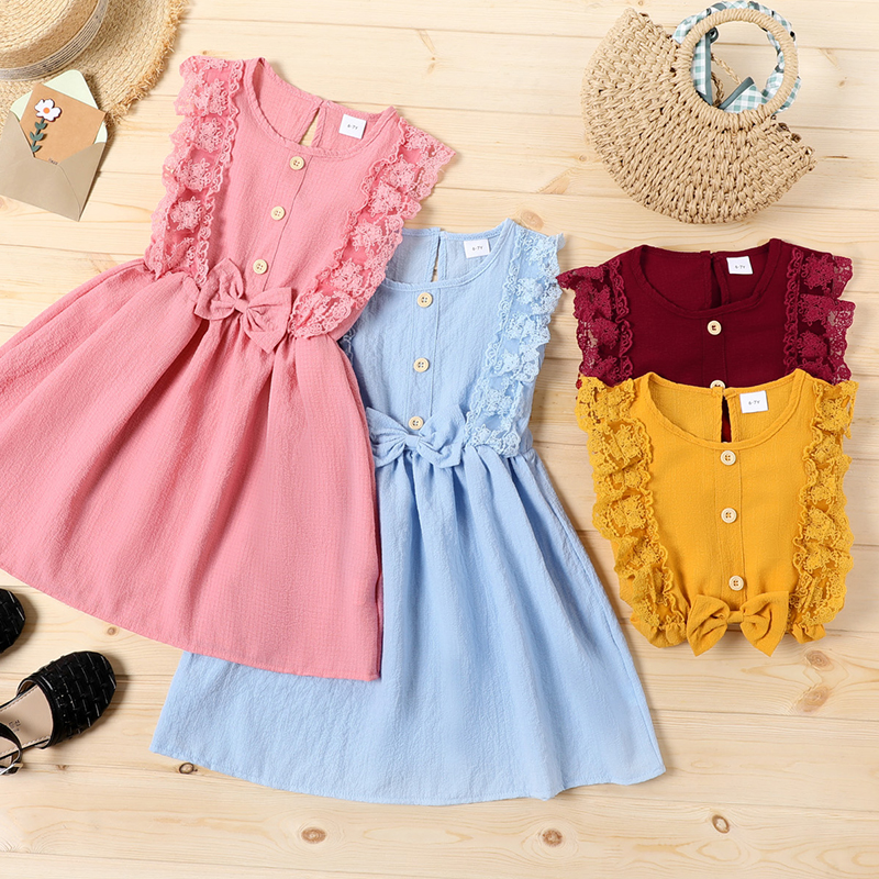 

Kid Girl Ruffled Lace Design Bowknot Decor Sleeveless Solid Color Dress