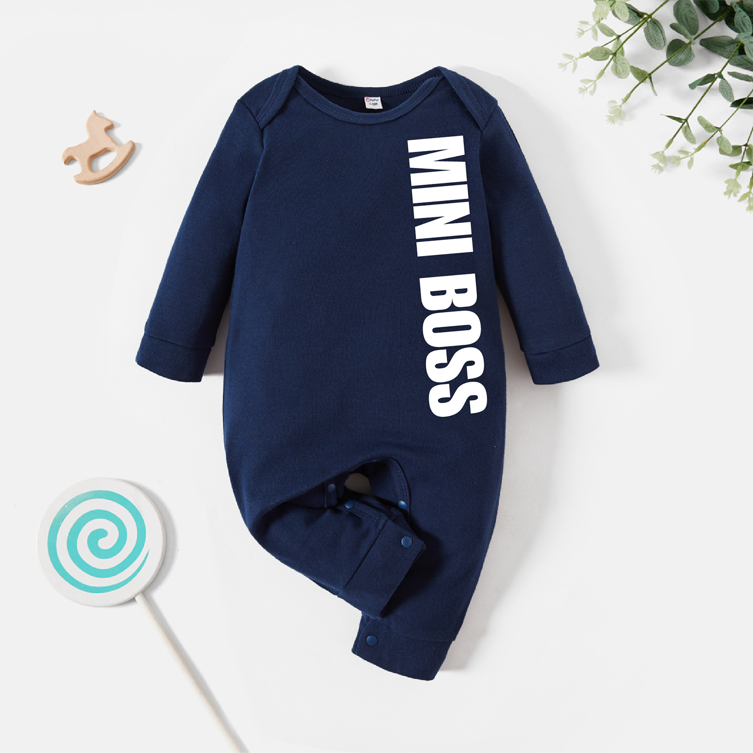 

100% Cotton Baby Girl Letter Print Dark Blue Long-sleeve Jumpsuit