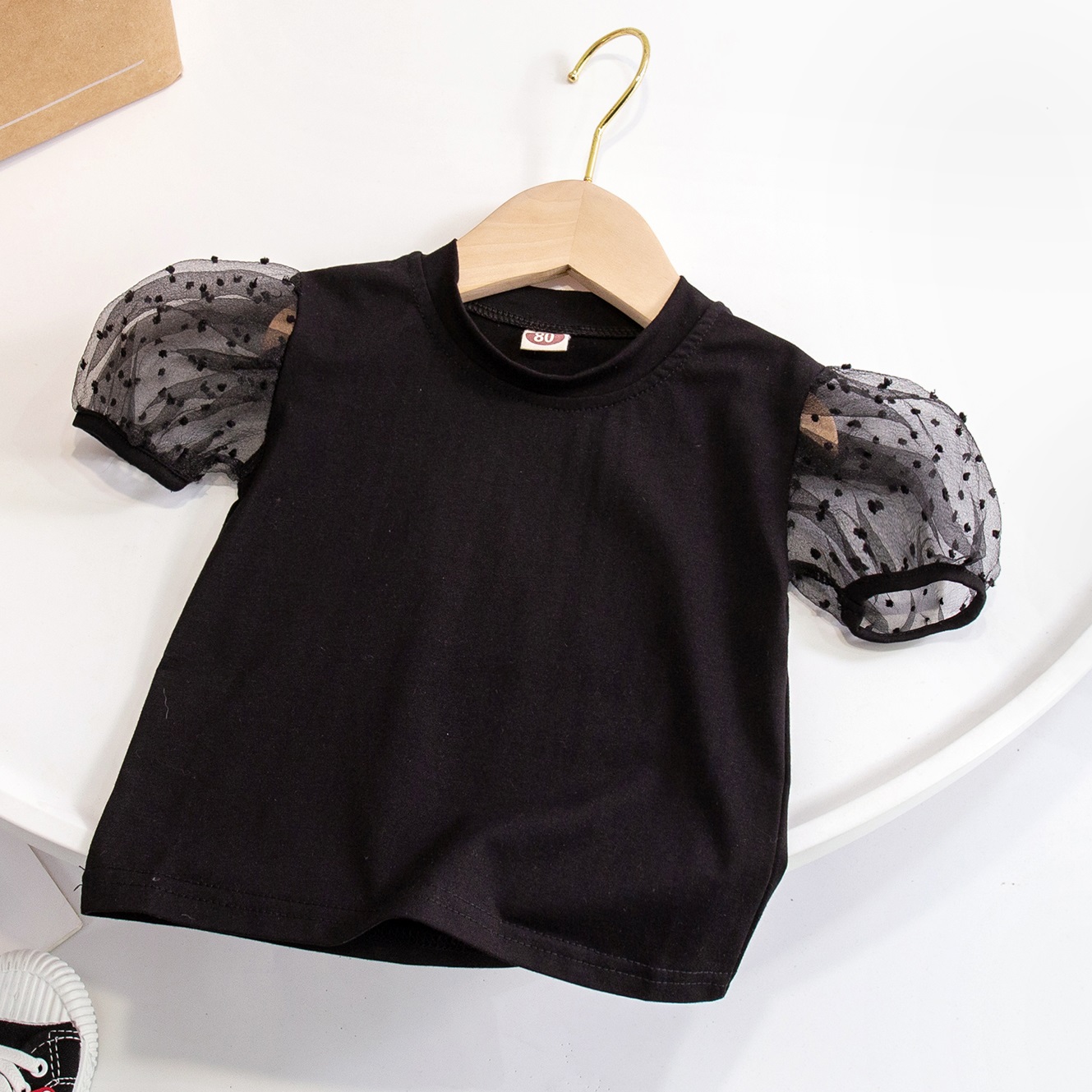 

Toddler Girl Polka dots Mesh Short-sleeve Black Tee