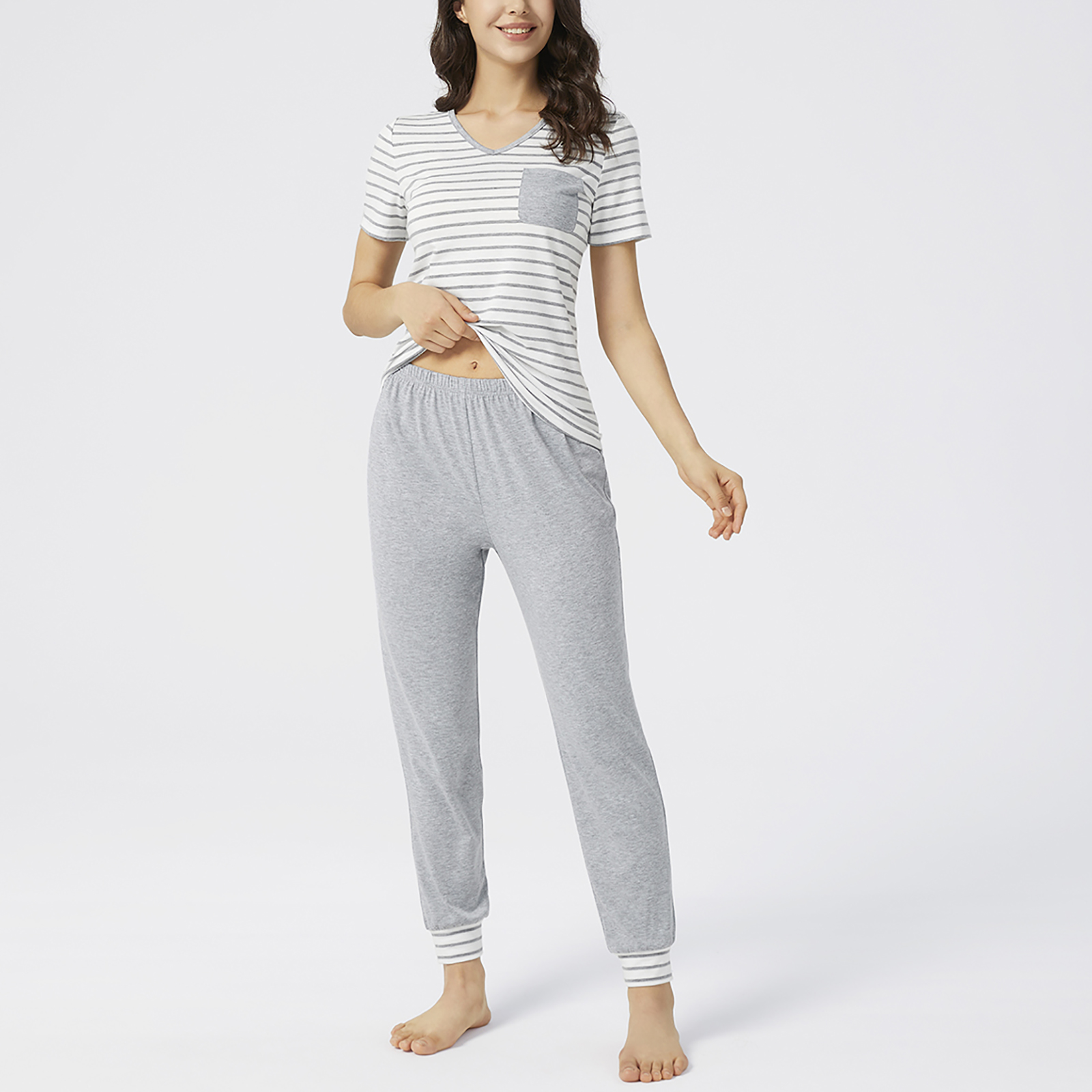 

Contrast Stripe Short-sleeve Tee and Pants Pajamas Lounge Set