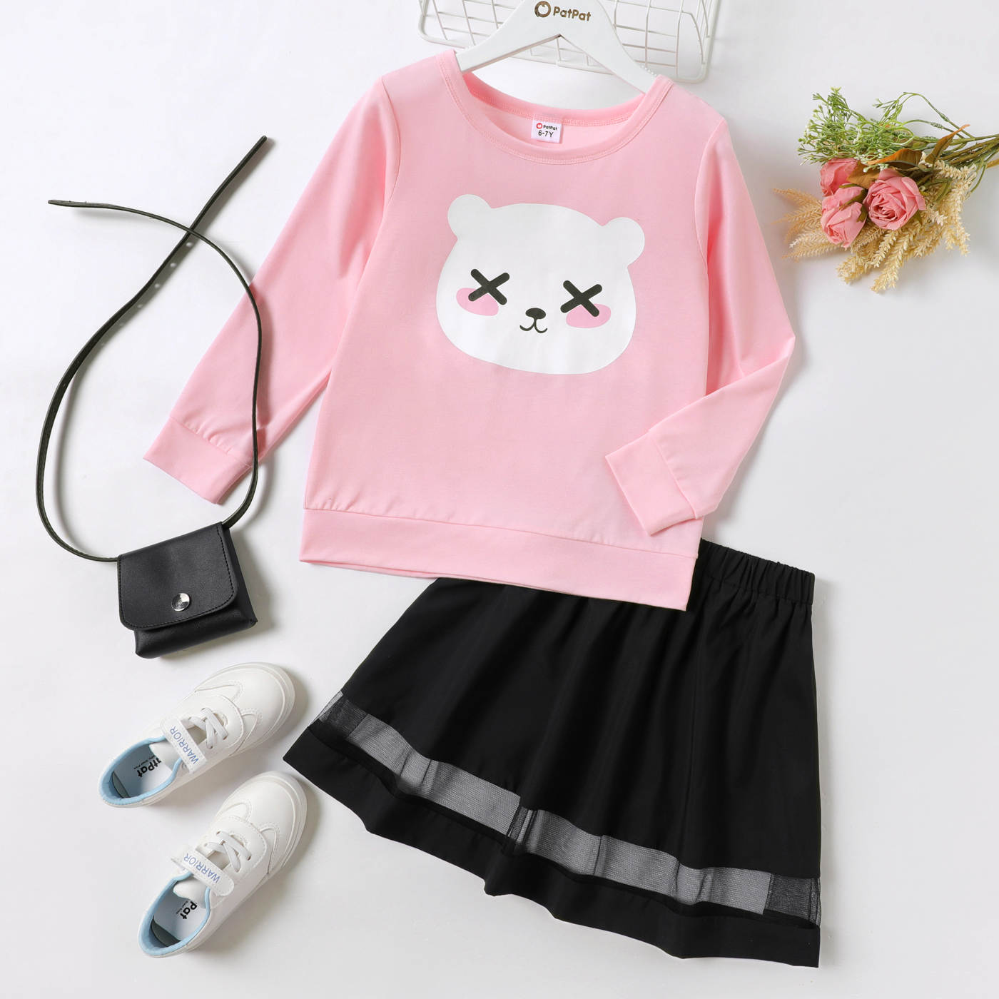 

2-piece Kid Girl Animal Bear Print Pink Long-sleeve Top and Mesh Design Black Skirt Set