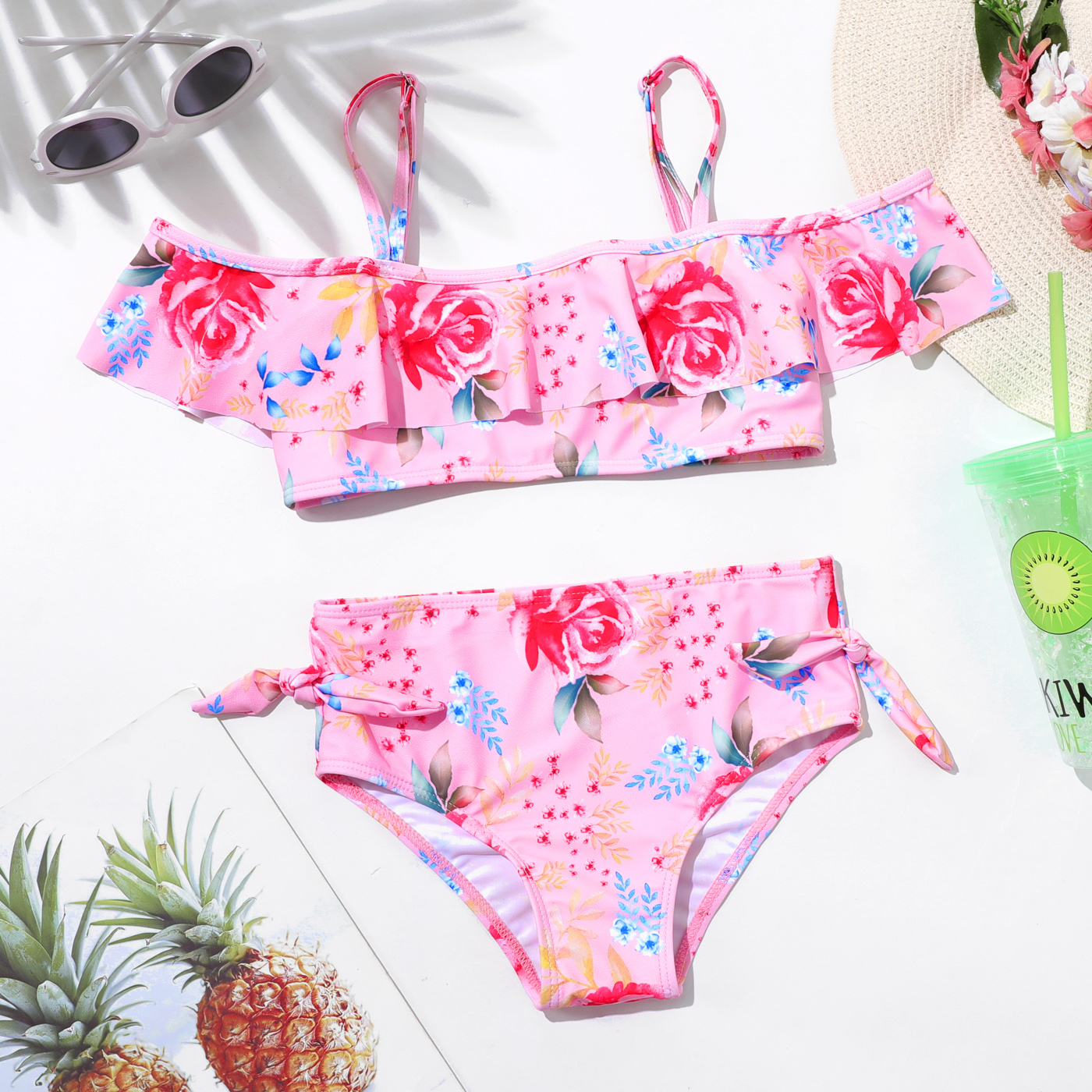 

2-piece Kid Girl Floral Print Pink Bikini Swimsuit Set