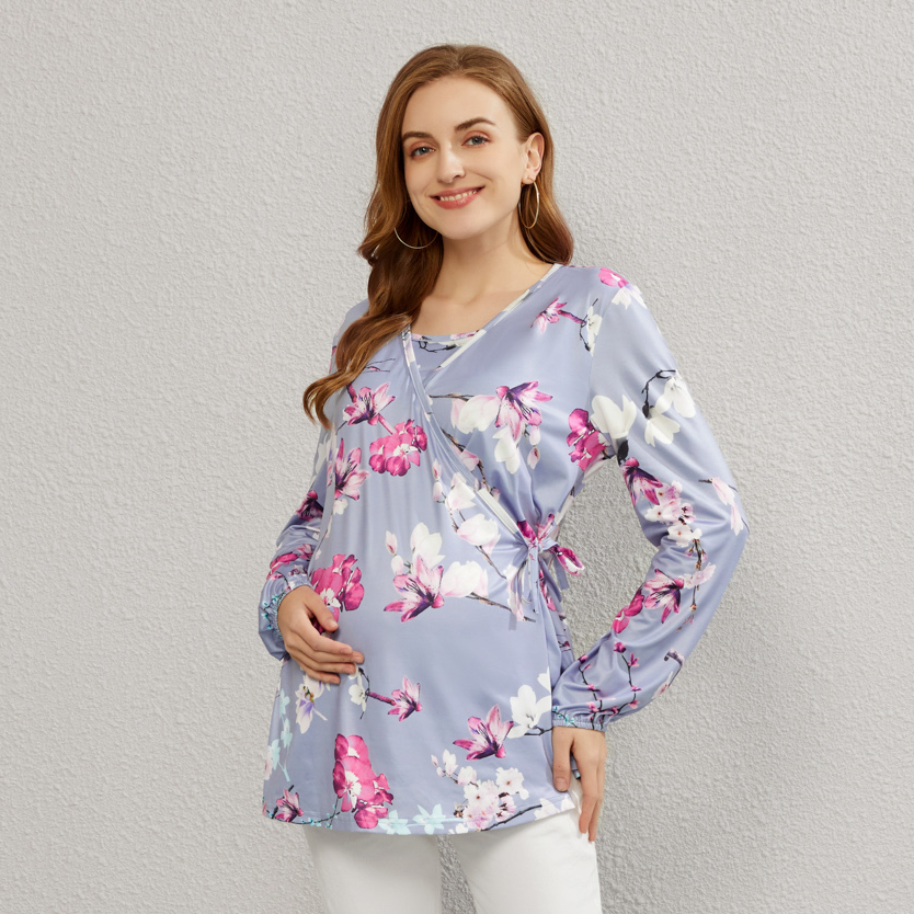 

Nursing Floral Print Wrap Belted Long-sleeve Tee