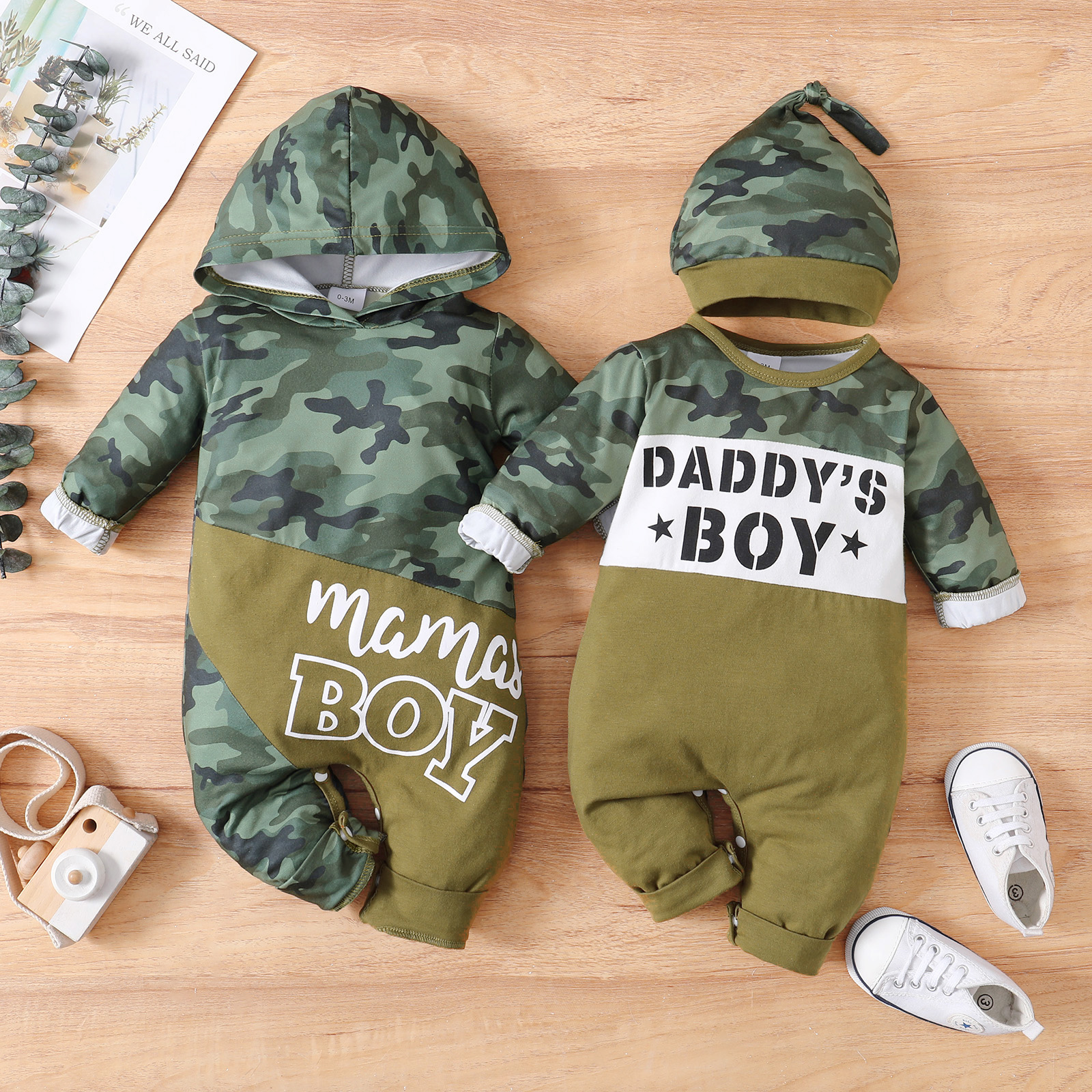 

2pcs Baby Boy Letter Print Colorblock Camouflage Long-sleeve Jumpsuit with Hat Set