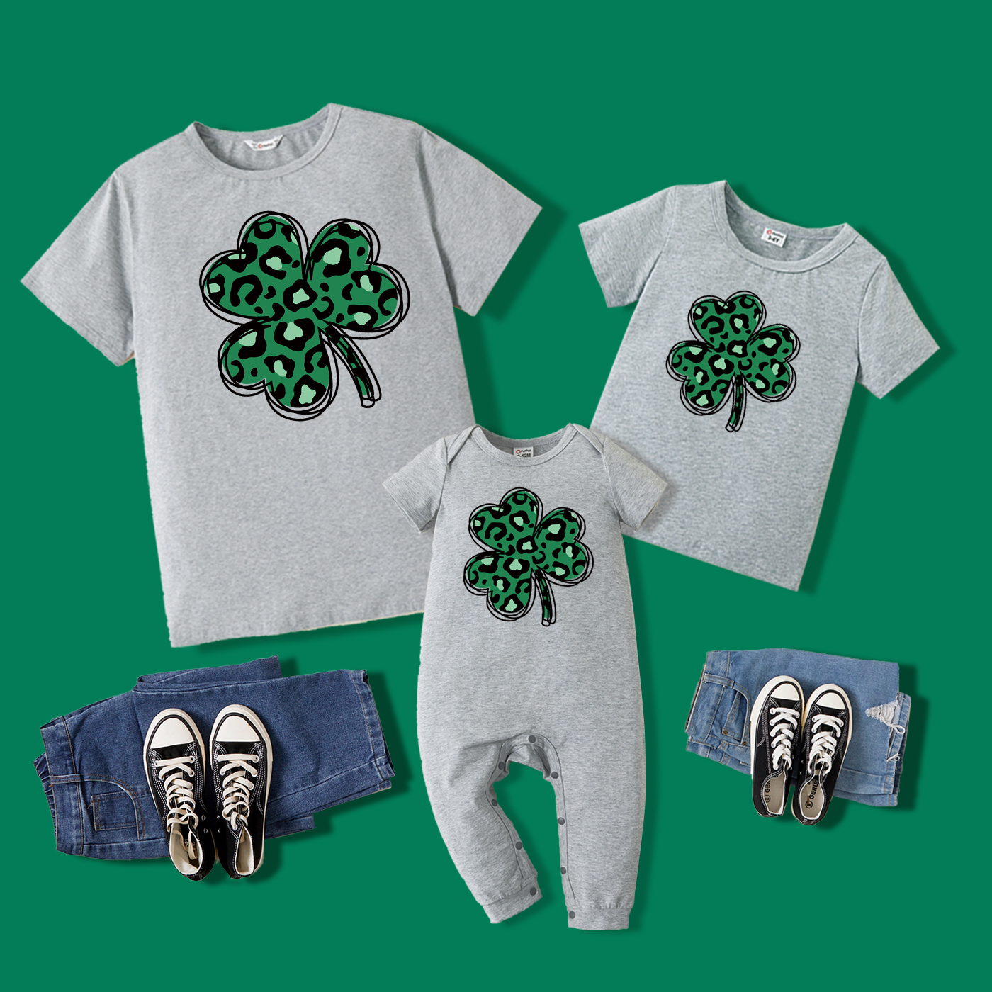 

St. Patrick's Day Family Matching Green Leopard Clover Print Short-sleeve T-shirts