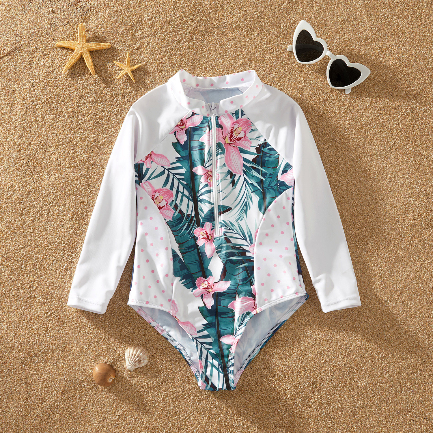 

Kid Girl Floral Leaf Print Zipper Design Long-sleeve Onepiece Swimsuit