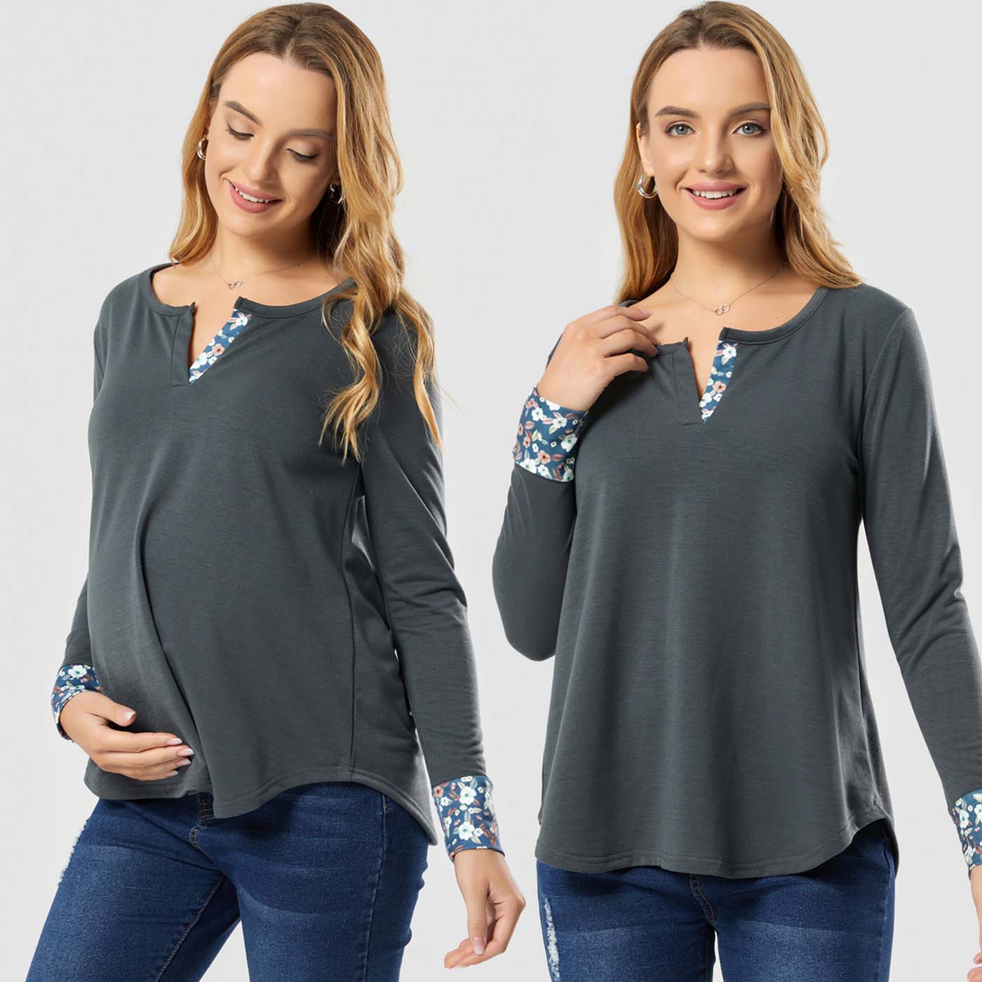 

Maternity Notch Neck Floral Trim Long-sleeve T-shirt
