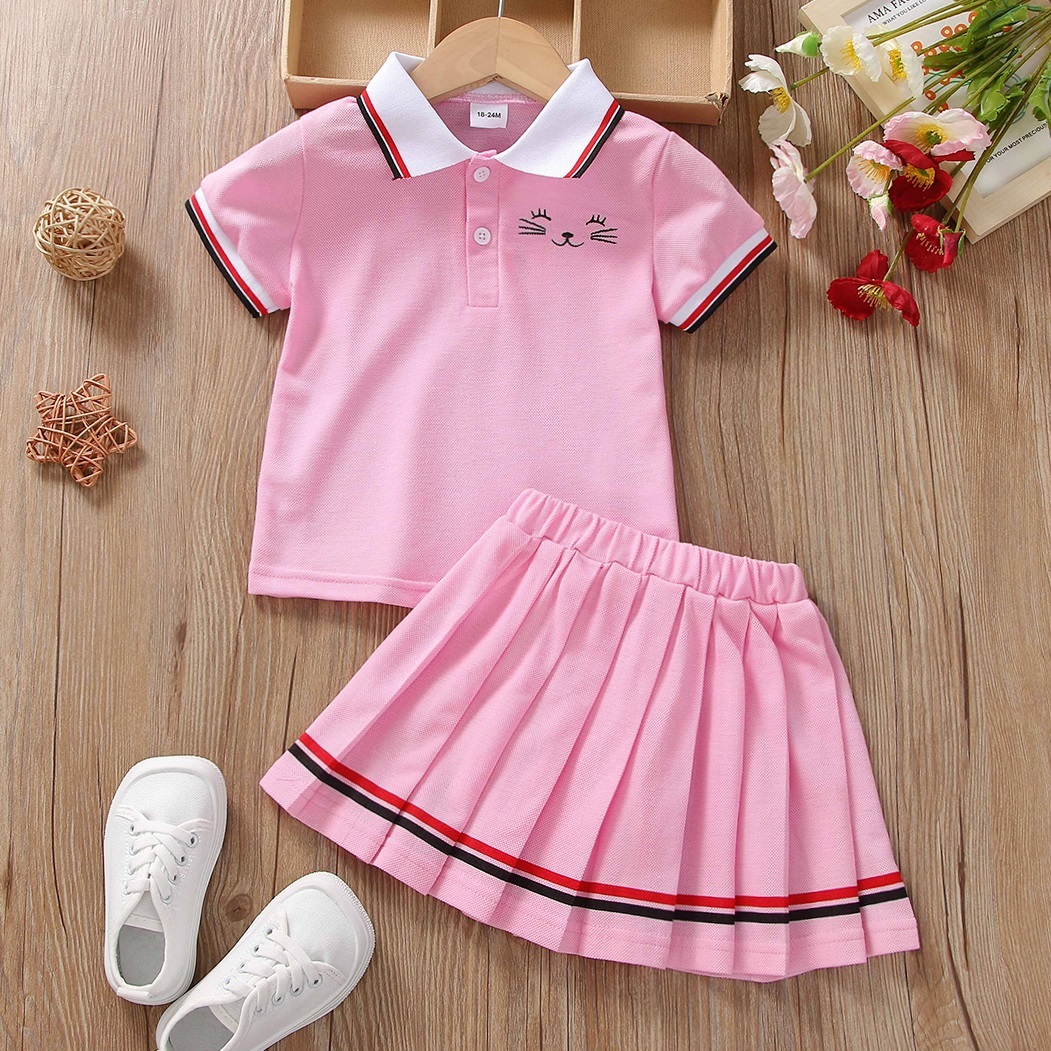 

2pcs Toddler Girl Preppy style Striped Embroidered Short-sleeve Pique Polo Shirt and Pleated Skirt Set