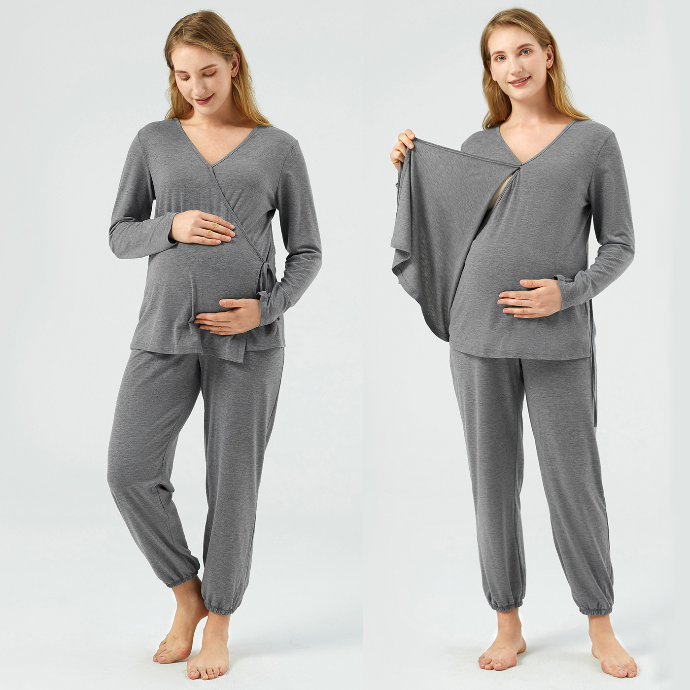 

Maternity Grey Long-sleeve Wrap Tee and Pants Pajamas Lounge Set