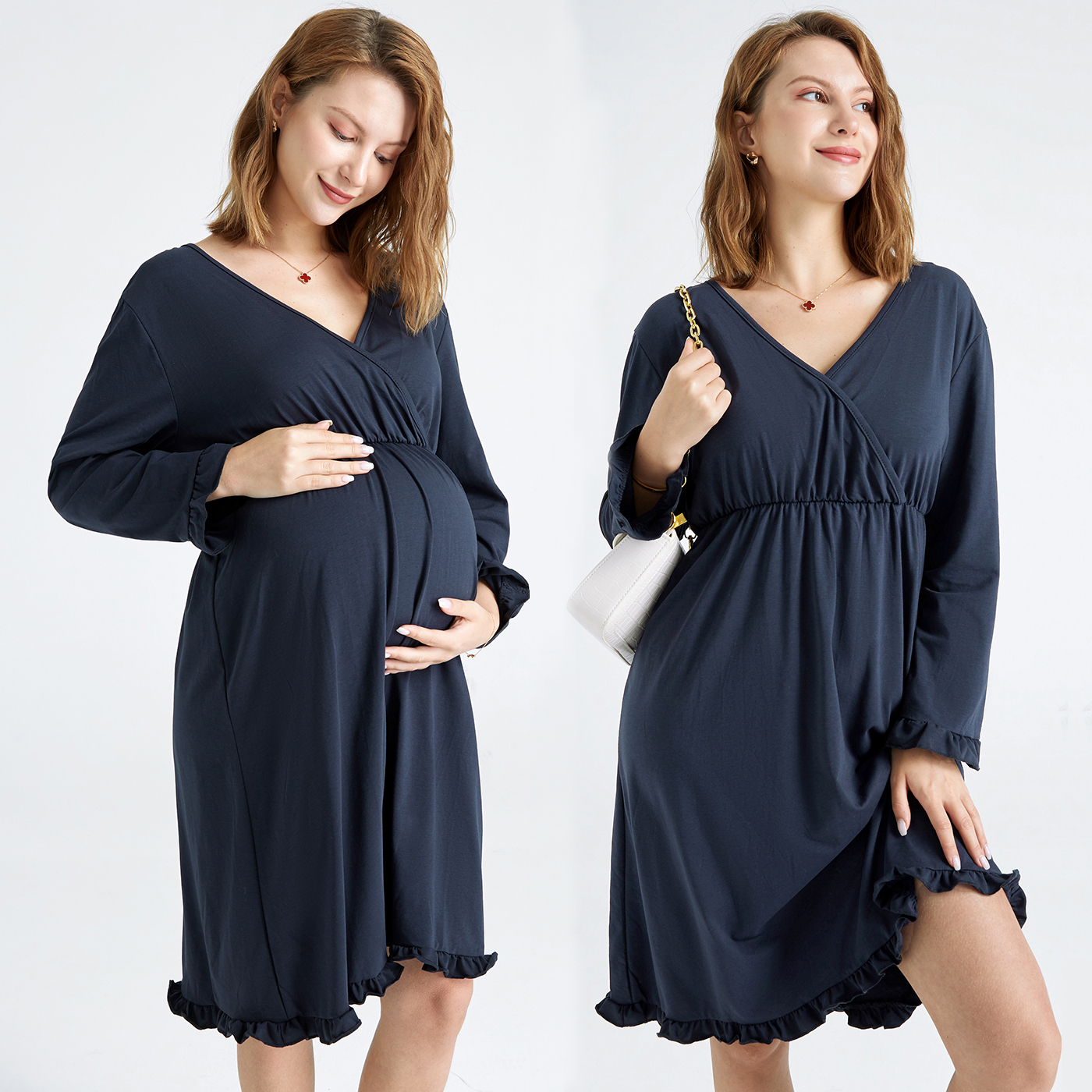

Nursing Dark Blue V-neck Long-sleeve Pleated Trim Dress