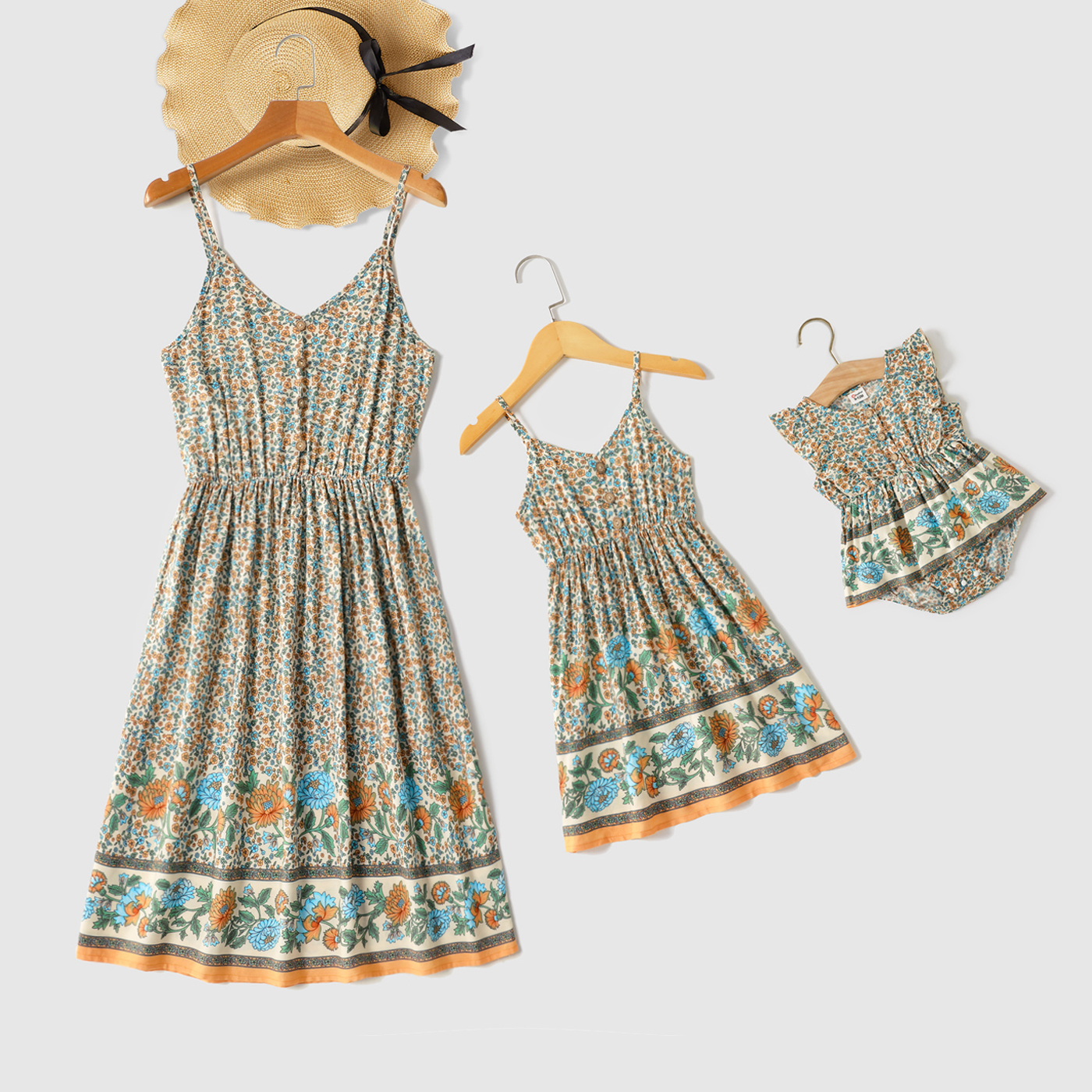 

Boho Floral Print V Neck Sleeveless Spaghetti Strap Dress for Mom and Me