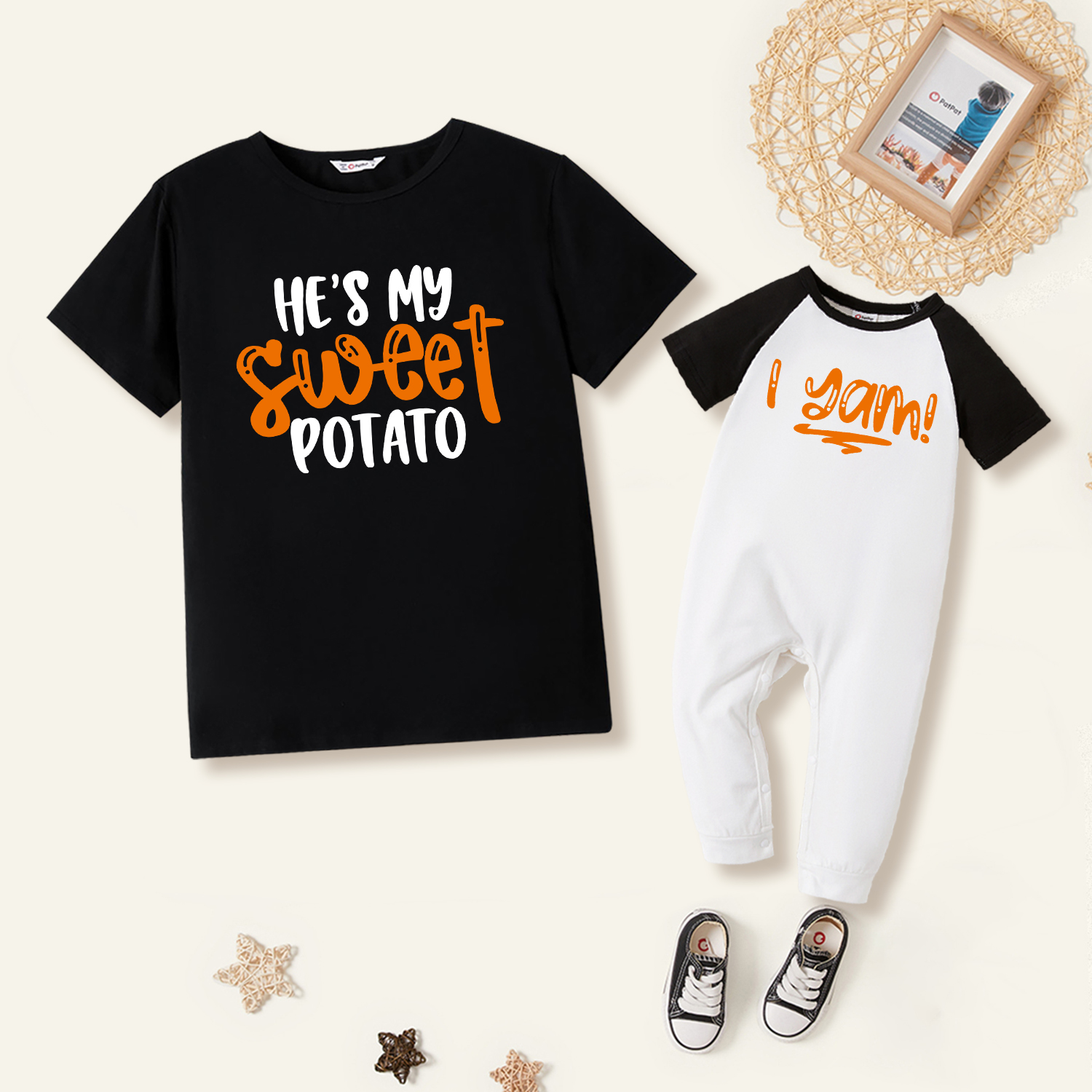 

Letter Print Black Round Neck Short-sleeve Cotton T-shirts for Dad and Me