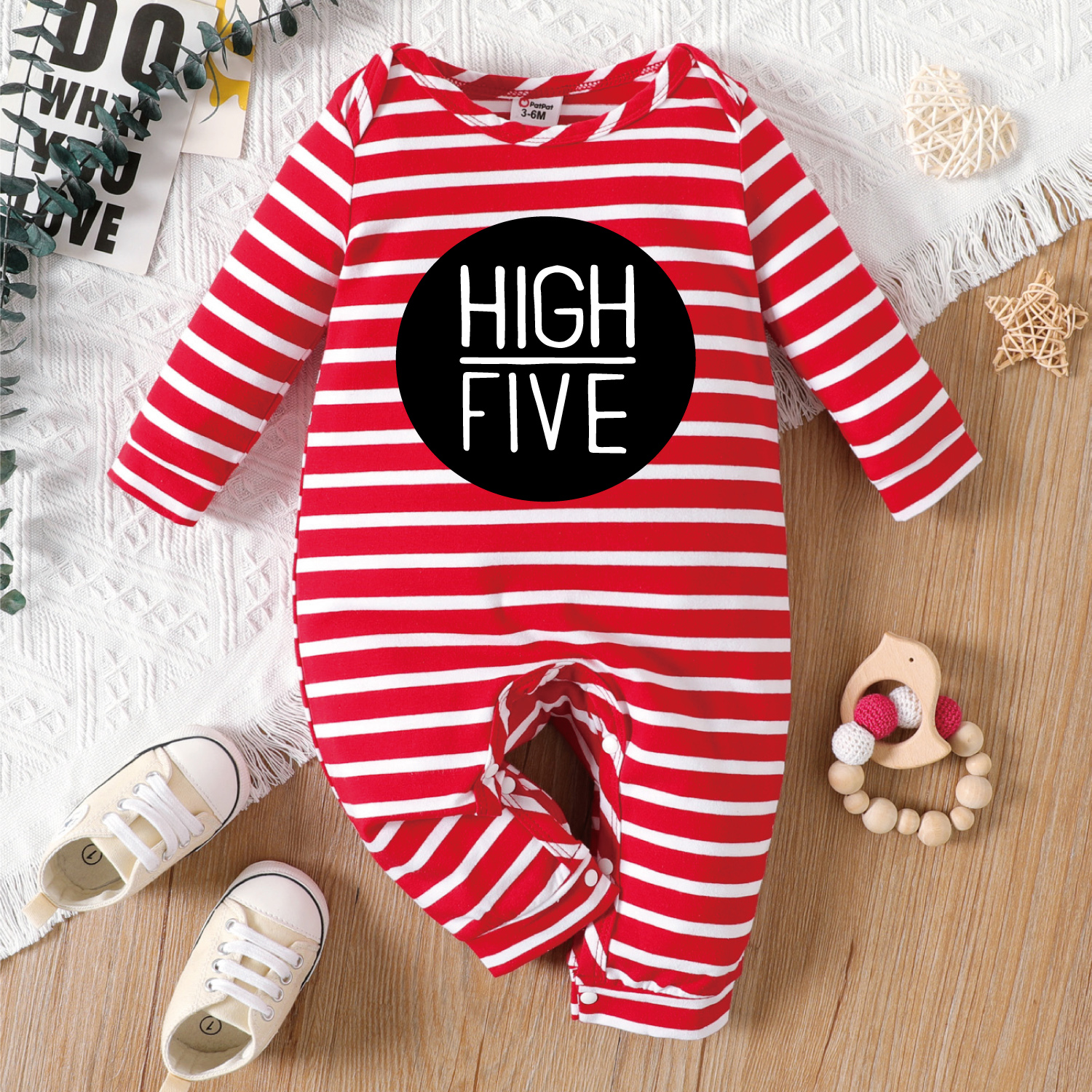 

Baby Boy/Girl Letter Print Red Striped Long-sleeve Jumpsuit