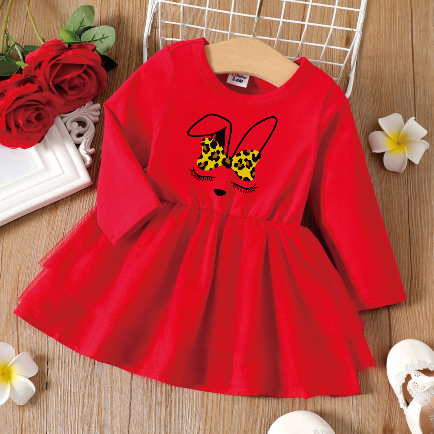

Easter Baby Girl Cartoon Rabbit Print Red Long-sleeve Mesh Dress