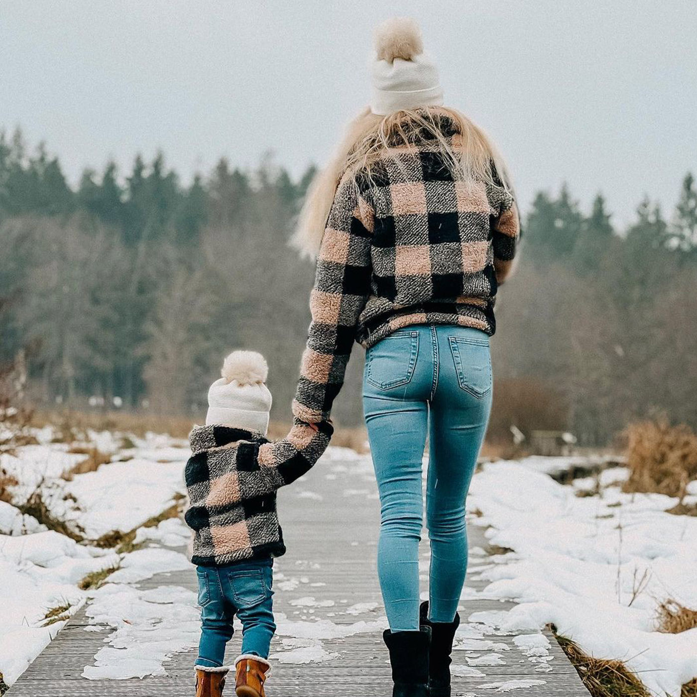 

Plaid Lapel Long-sleeve Thickened Fleece Coat Outwear for Mom and Me