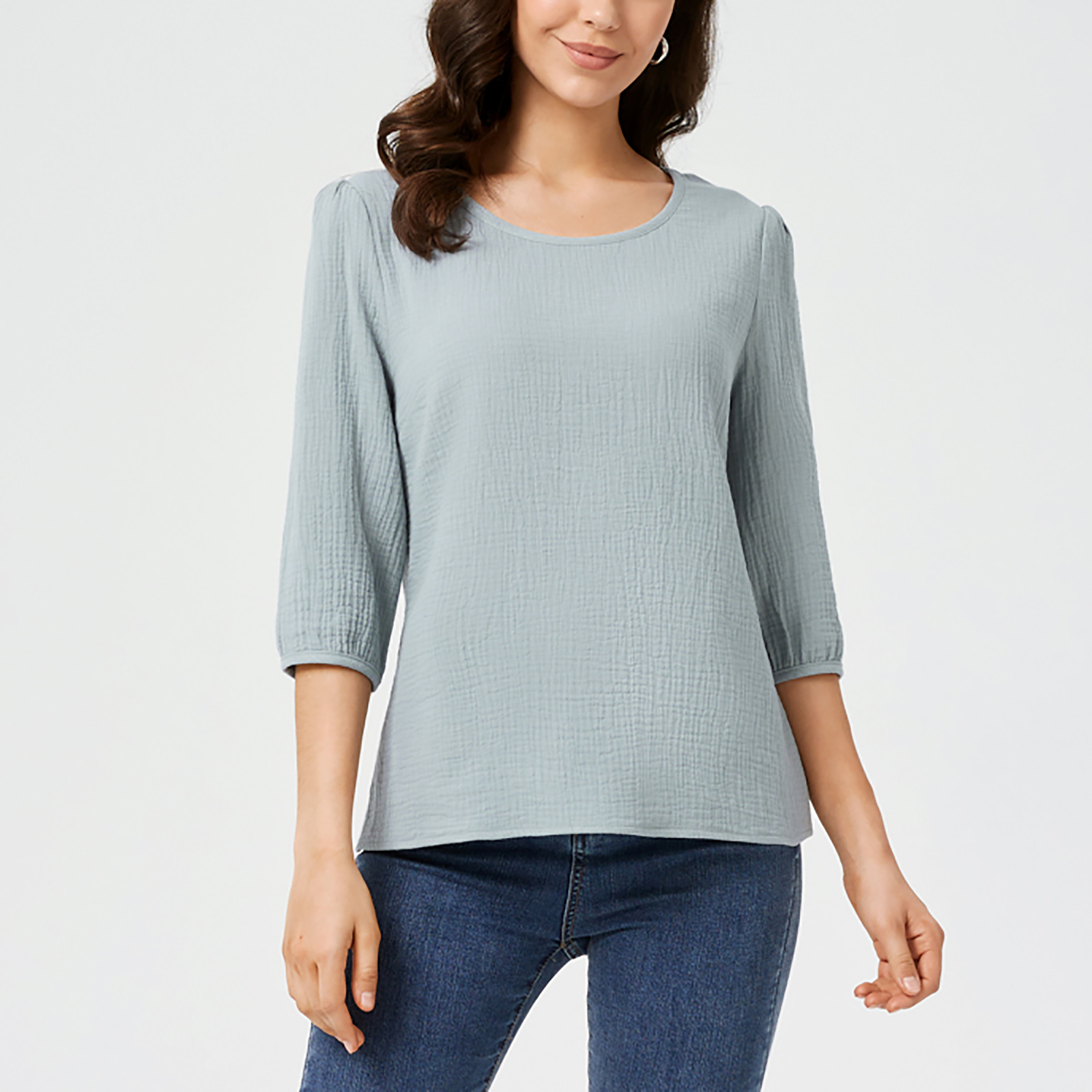 

100% Cotton Pure Color Textured 3/4 Sleeve T-shirt