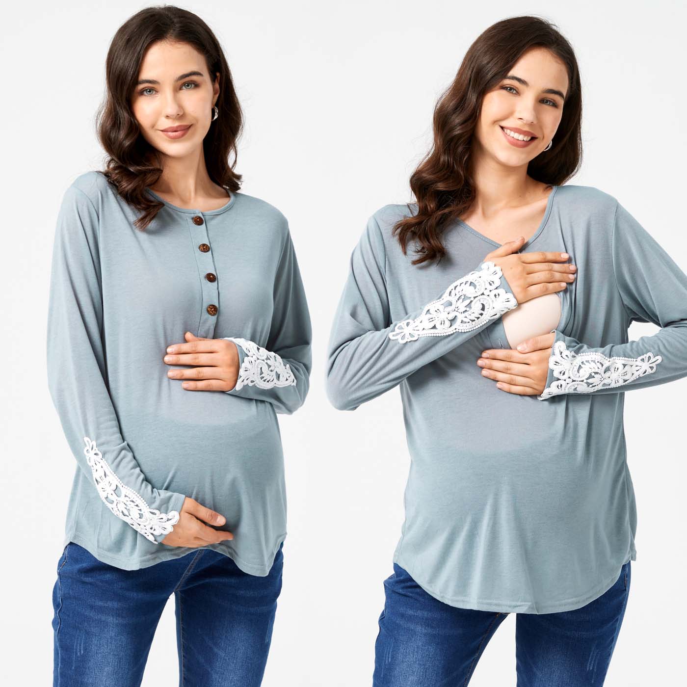 

Nursing Floral Lace Panel Half Button Long-sleeve Tee