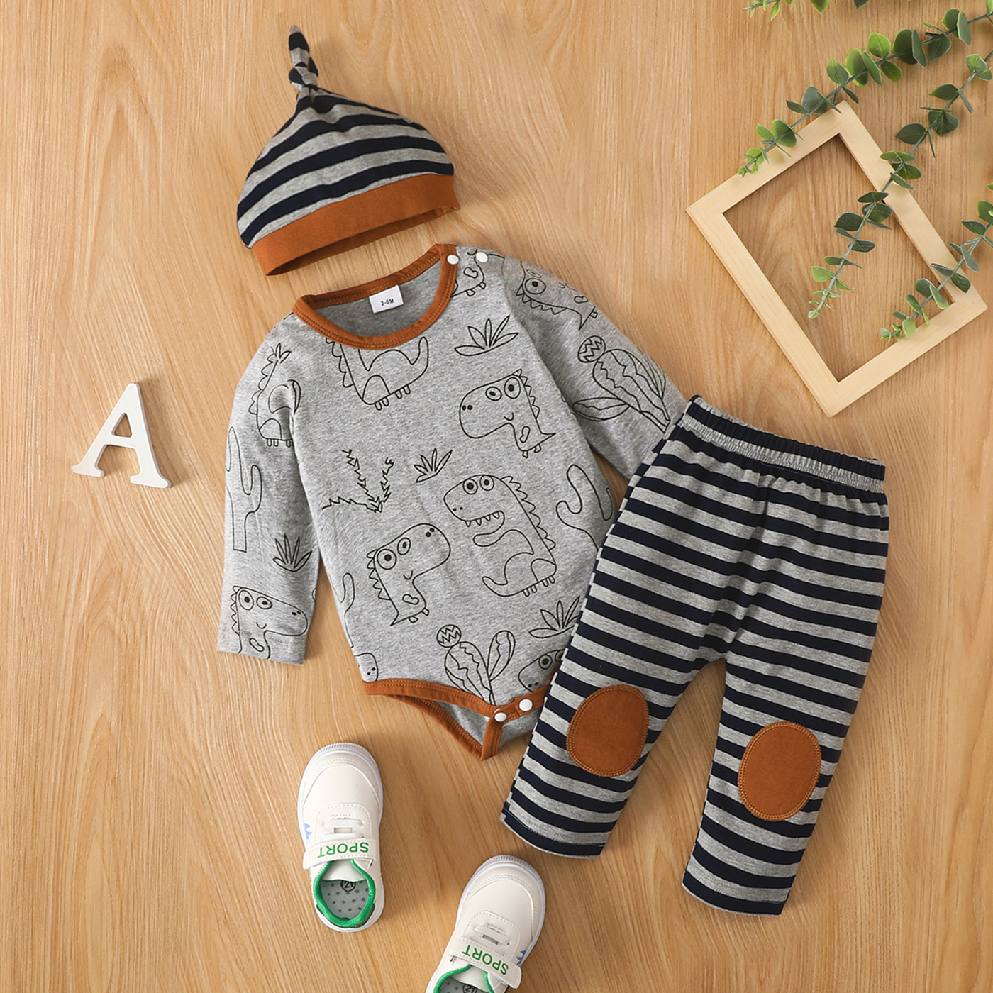 

3pcs Baby Boy/Girl All Over Dinosaur Print Grey Long-sleeve Romper and Striped Leggings Pants with Hat Set