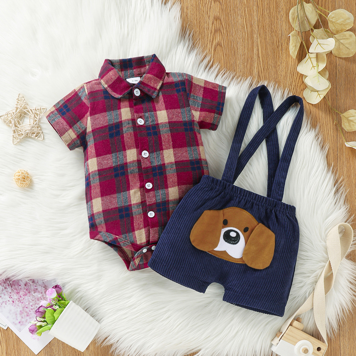 

2pcs Baby Girl Button Up Short-sleeve Plaid Romper and Cartoon Dog Design Suspender Shorts Set