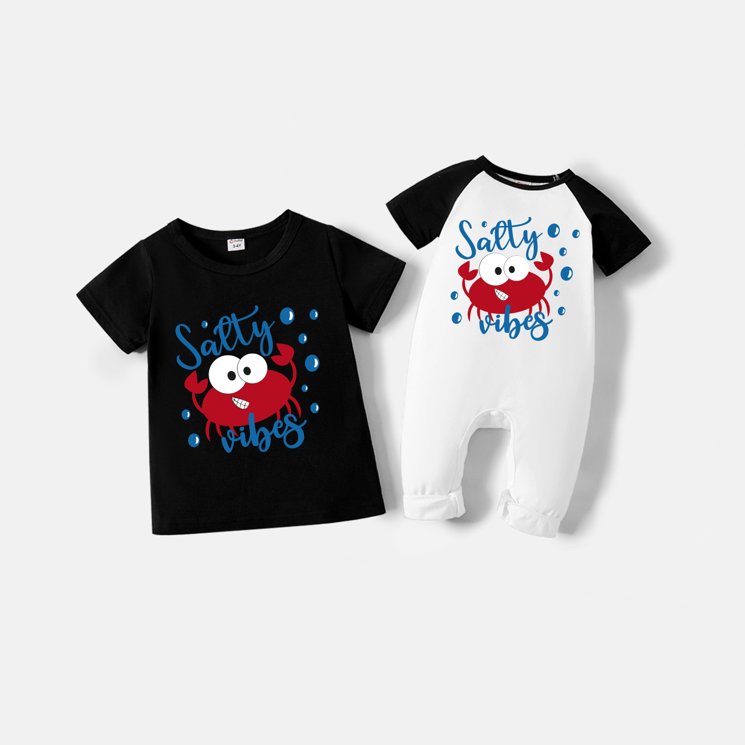 

Sibling Matching Cartoon Crab and Letter Print Black Short-sleeve T-shirt and Jumpsuit