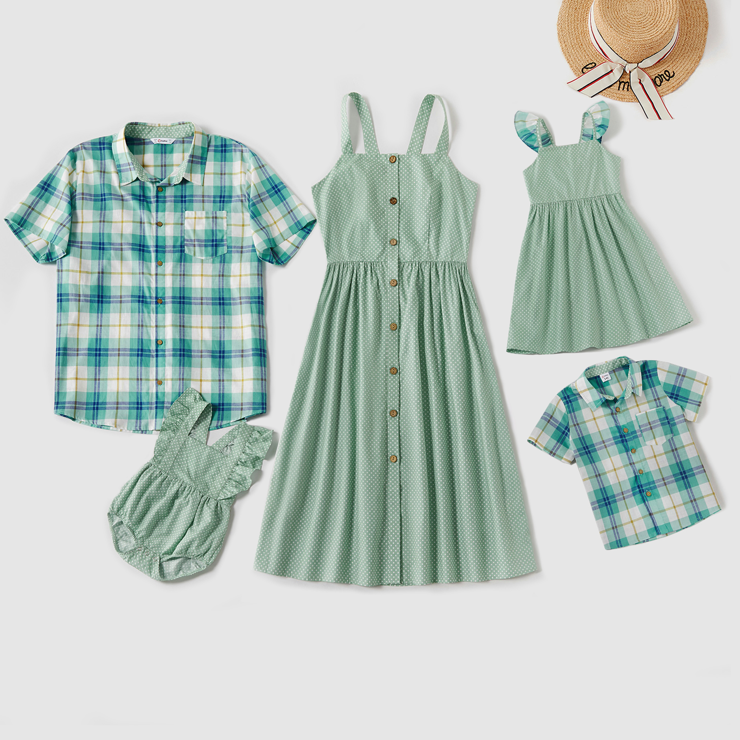

Mosaic Family Matching Green 100% Cotton Tank Dresses and Plaid Short Sleeve Shirts