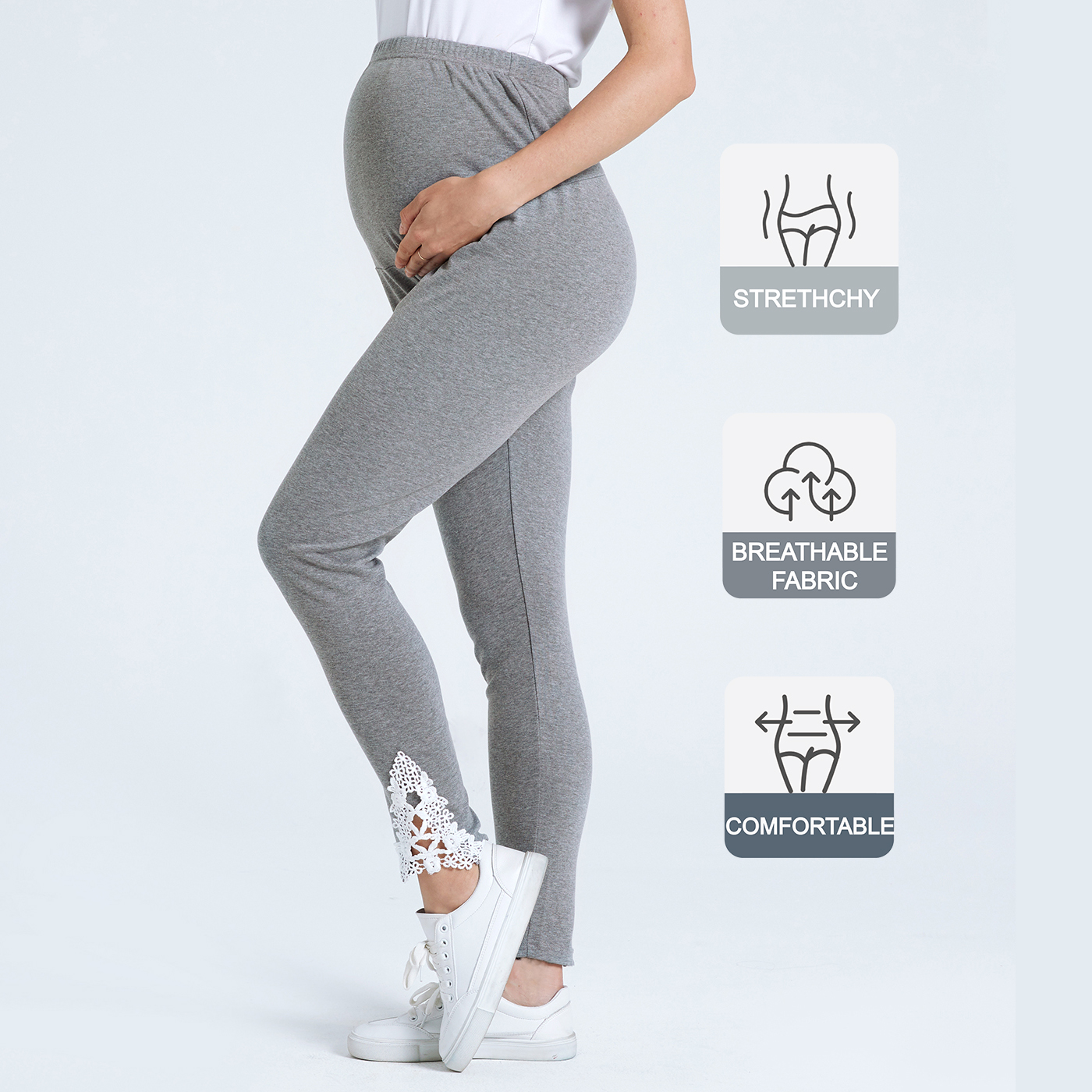 

Maternity Hollow Out Lace Trim Grey Leggings