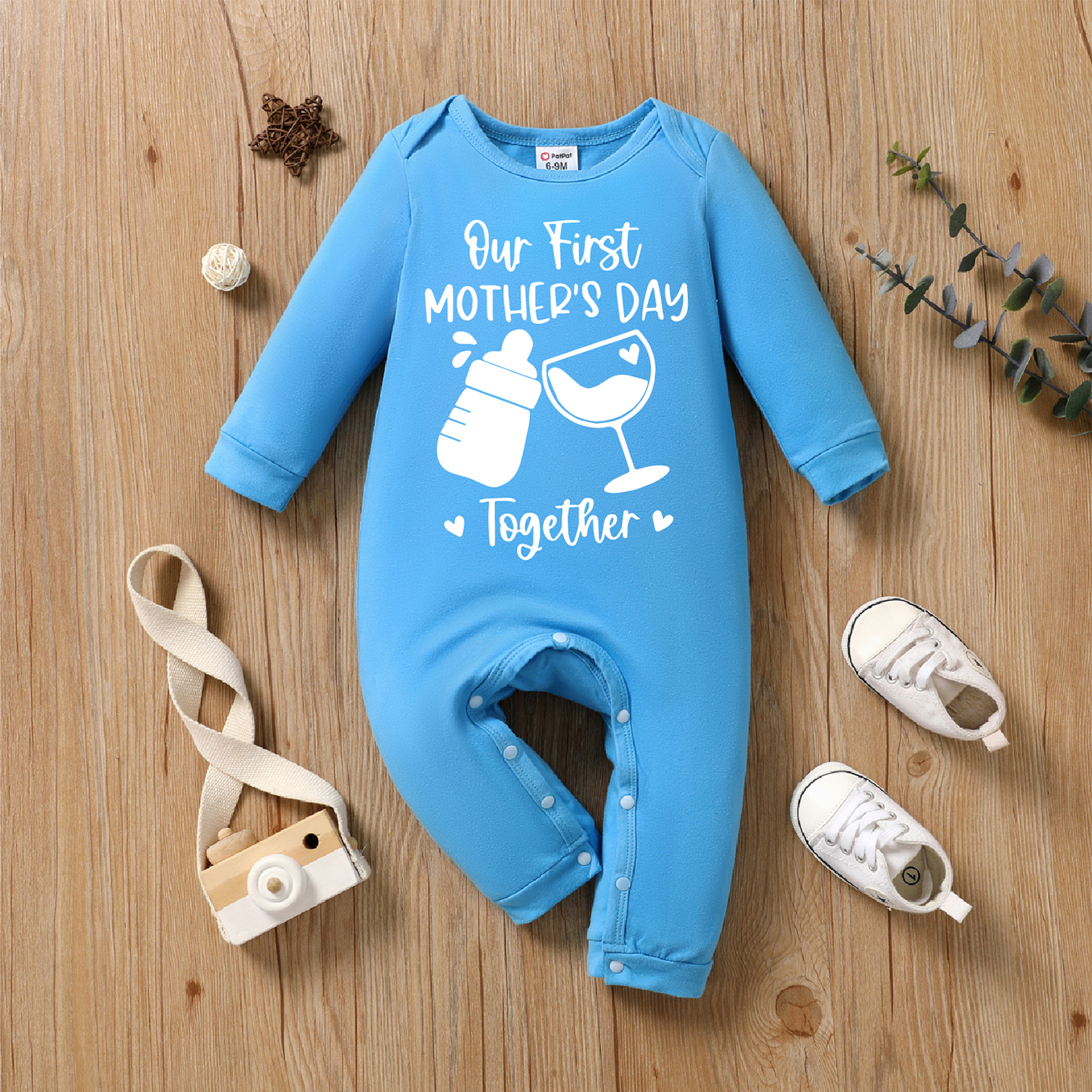 

Mother's Day Baby Boy Cotton Long-sleeve Milk Bottle and Wine Glass Letter Print Blue Jumpsuit