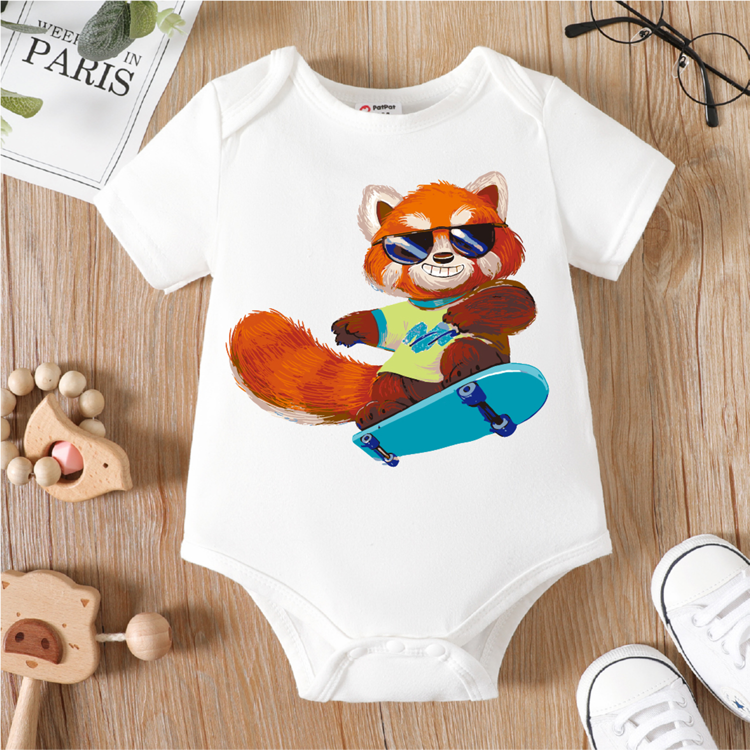 

Baby Boy Cotton Short-sleeve Cartoon Animal Print White Romper