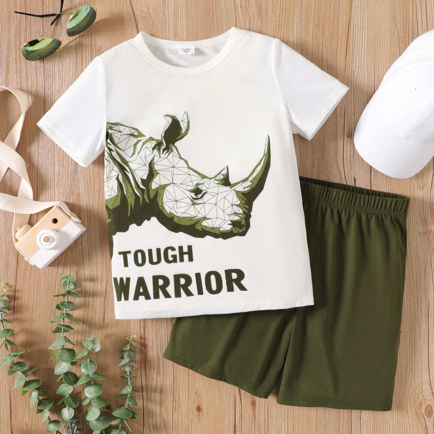 

2pcs Kid Boy Animal Rhino Print Short-sleeve Tee and Elasticized Green Shorts set
