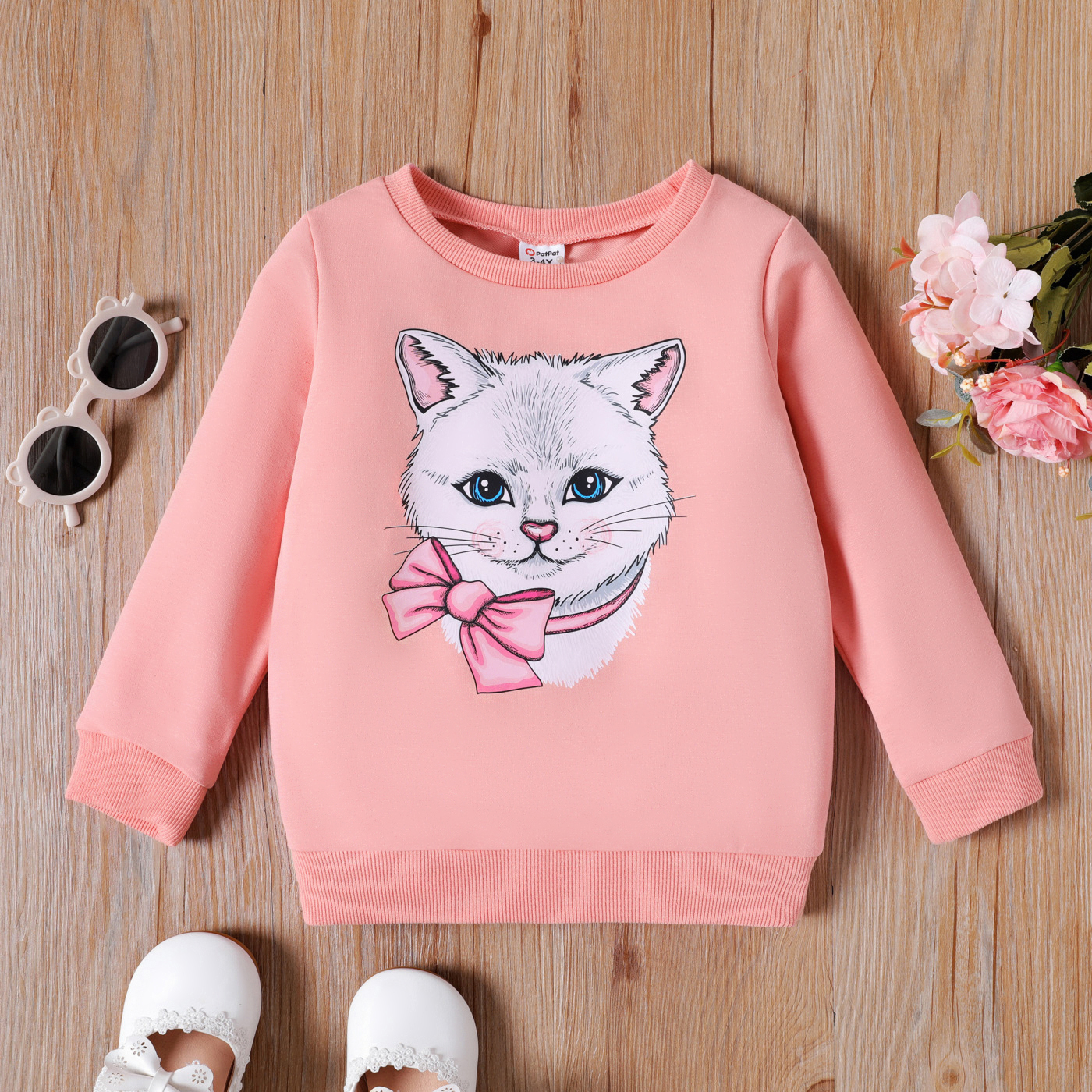 

Toddler Girl Cat Print Graphic Pink Long-sleeve Pink Pullover Sweatshirt