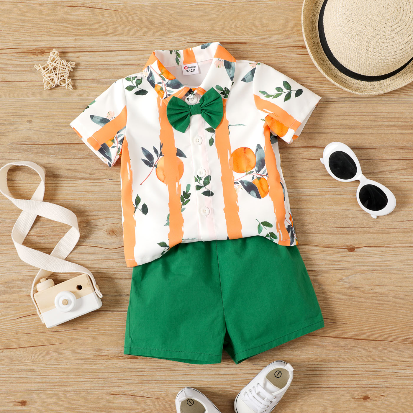 

2pcs Baby Boy 100% Cotton Shorts and All Over Fruit Print Short-sleeve Bow Tie Shirt Set