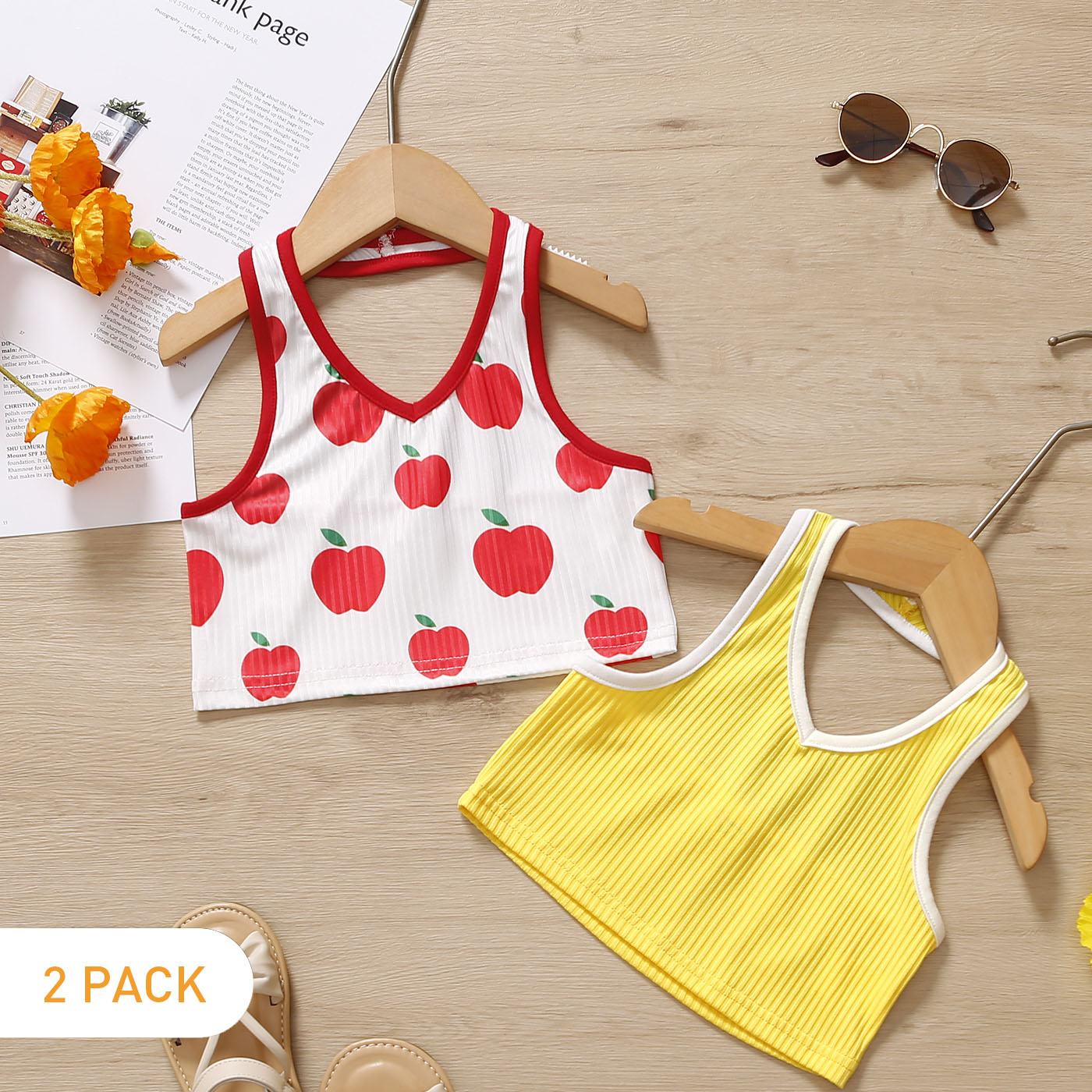 

2-Pack Toddler Ribbed Fruit Apple Print/Yellow Tank Top