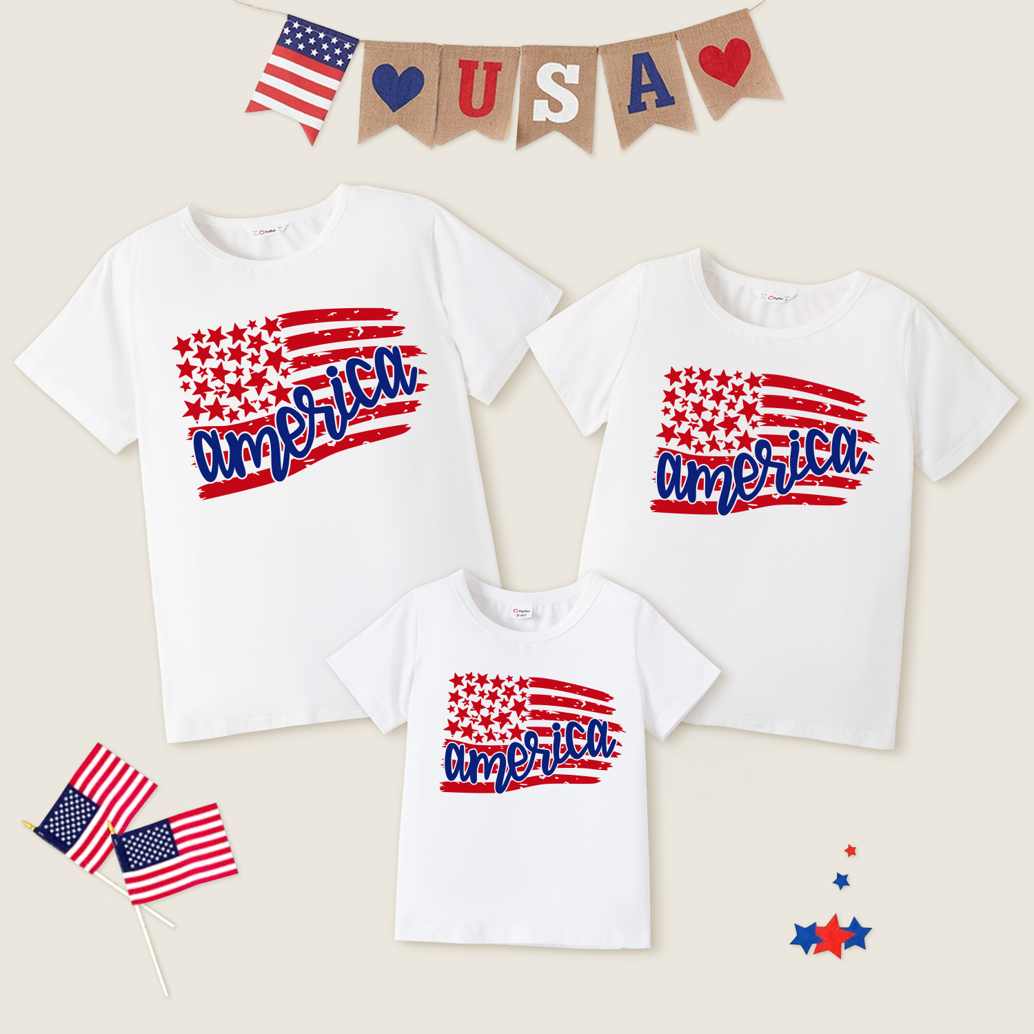 

Family Matching American Flag Design Letter Print White Short-sleeve T-shirts