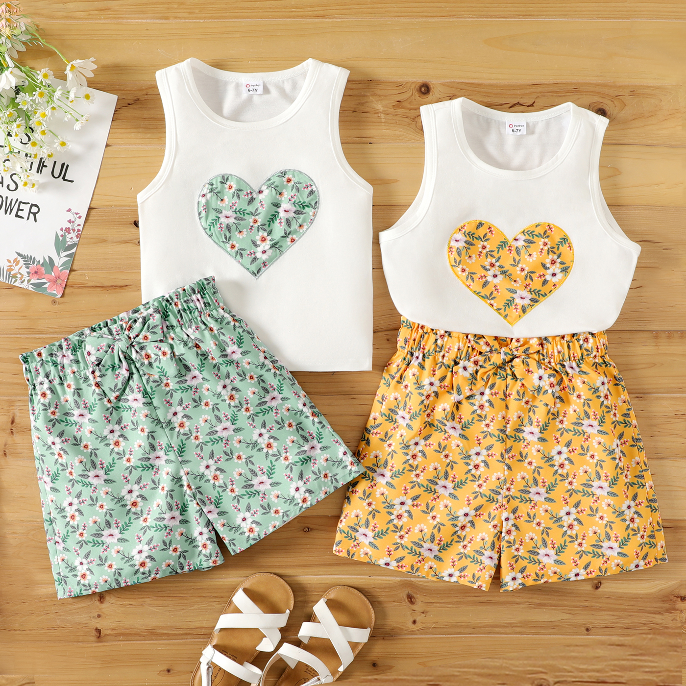 

2pcs Kid Girl Heart Print White Tank Top and Floral Print Paperbag Shorts set