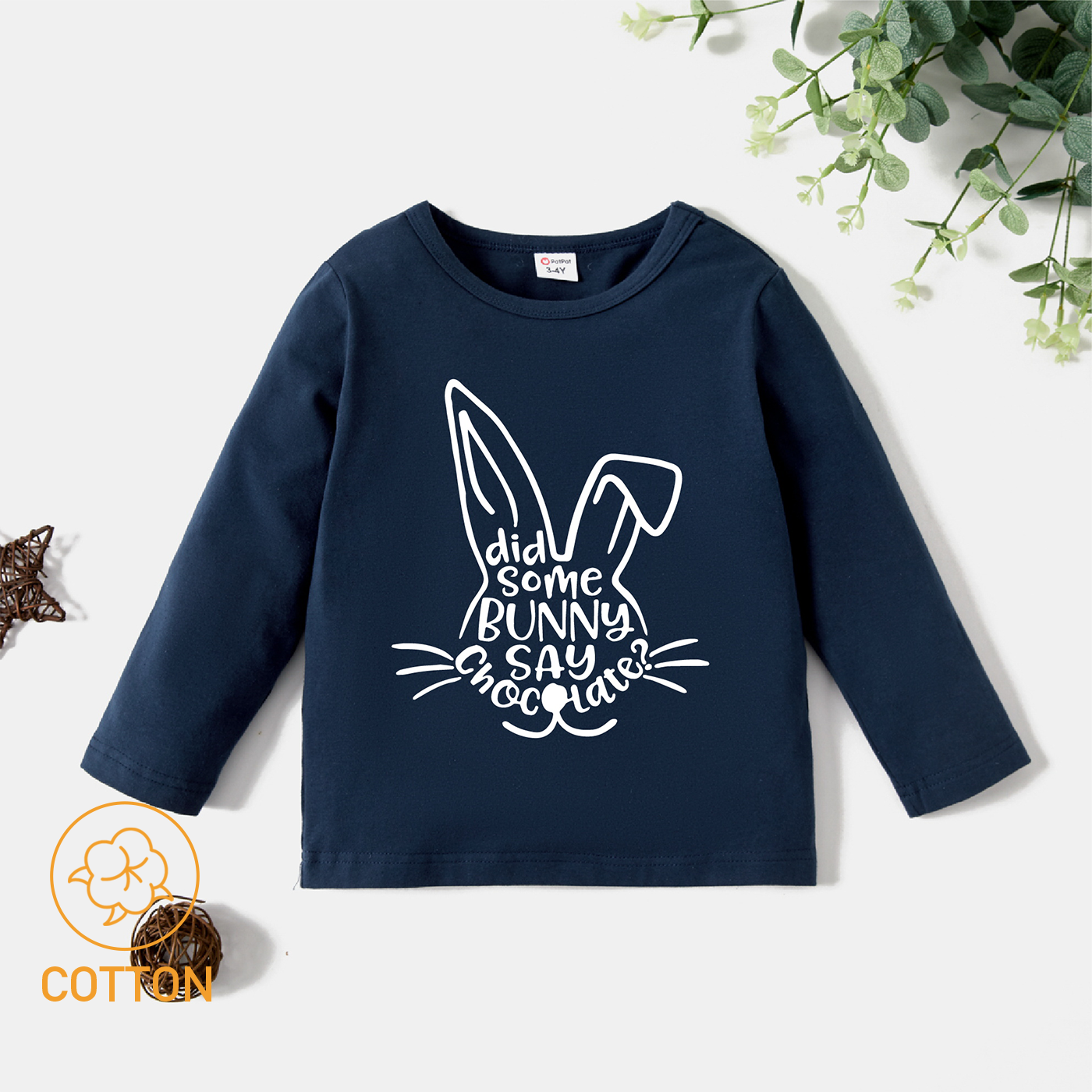 

Toddler Girl Letter Print Rabbit Pattern Dark Blue Long-sleeve Tee