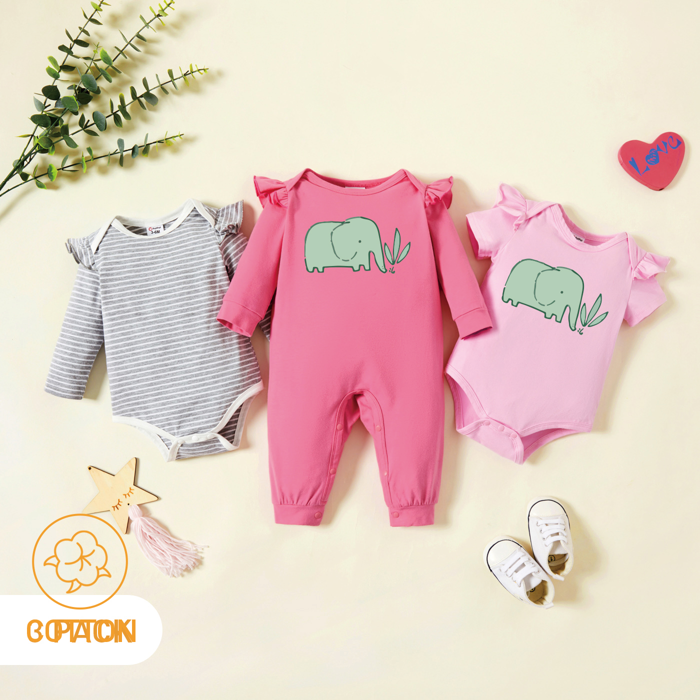 

3-Pack Baby Graphic & Striped Ruffled Romper Jumpsuit Set