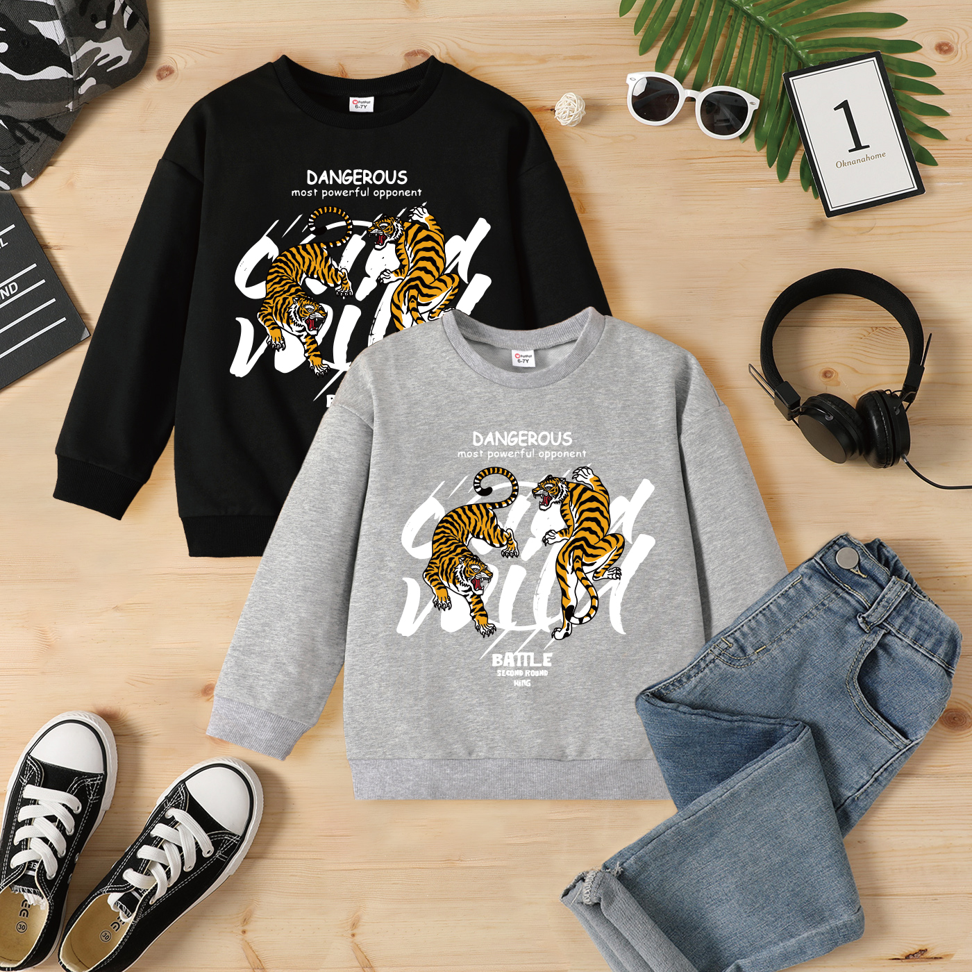 

Kid Boy Letter Animal Tiger Print Cotton Pullover Sweatshirt