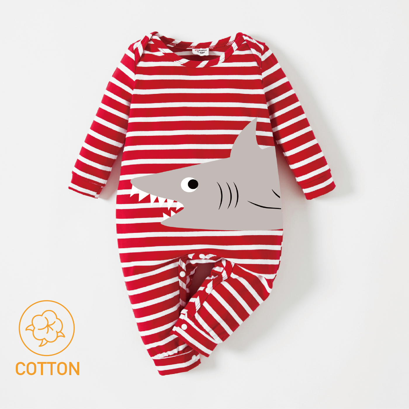 

Baby Boy Graphic Cartoon Shark Print Red Striped Long-sleeve Jumpsuit