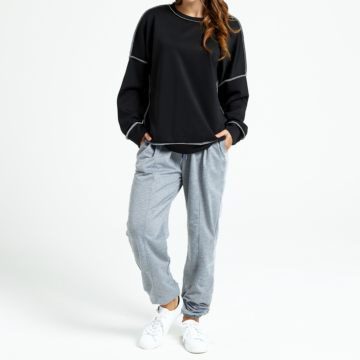 

Casual Black Top-stitching Round-collar Long-sleeve Pullover