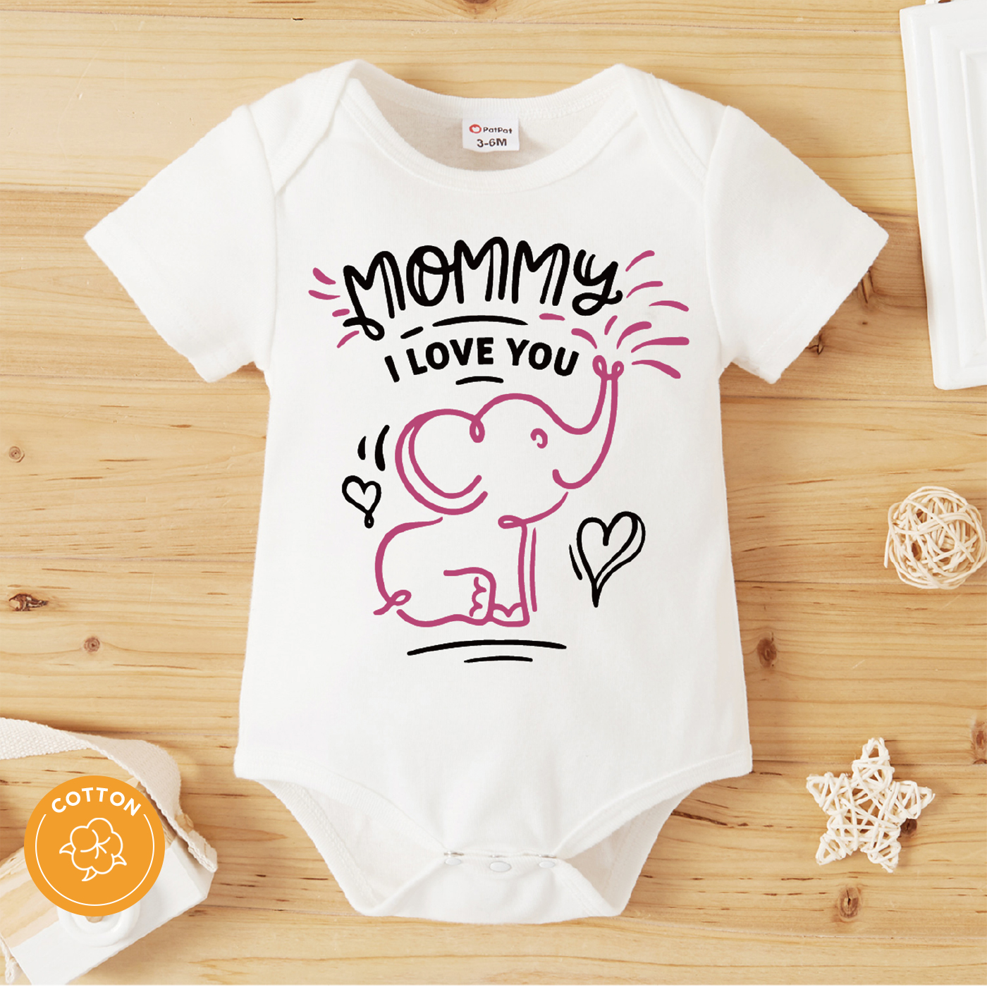 

100% Cotton Baby Boy/Girl Cartoon Elephant and Letter Print White Short-sleeve Romper
