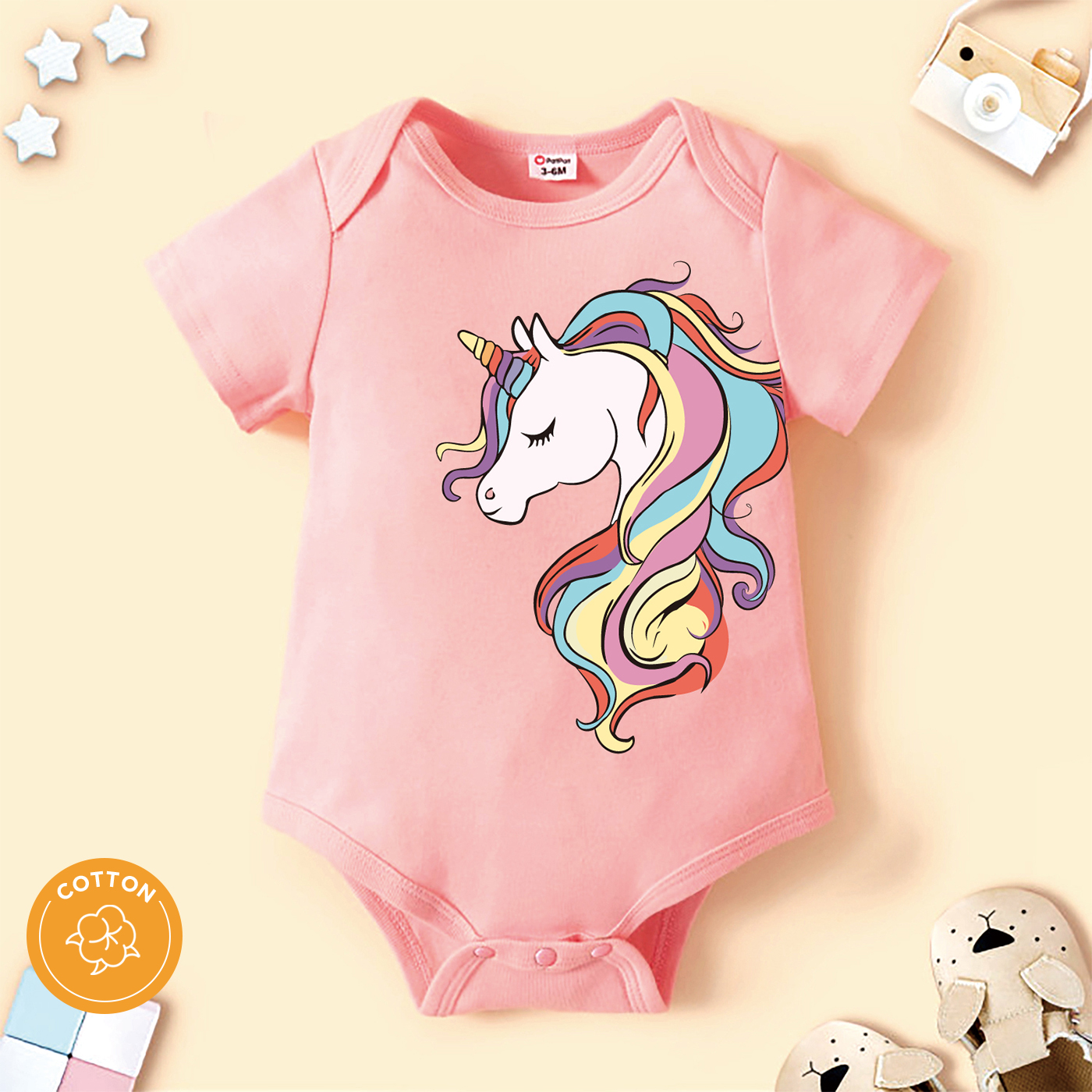 

100% Cotton Baby Girl Cartoon Unicorn Print Pink Short-sleeve Romper
