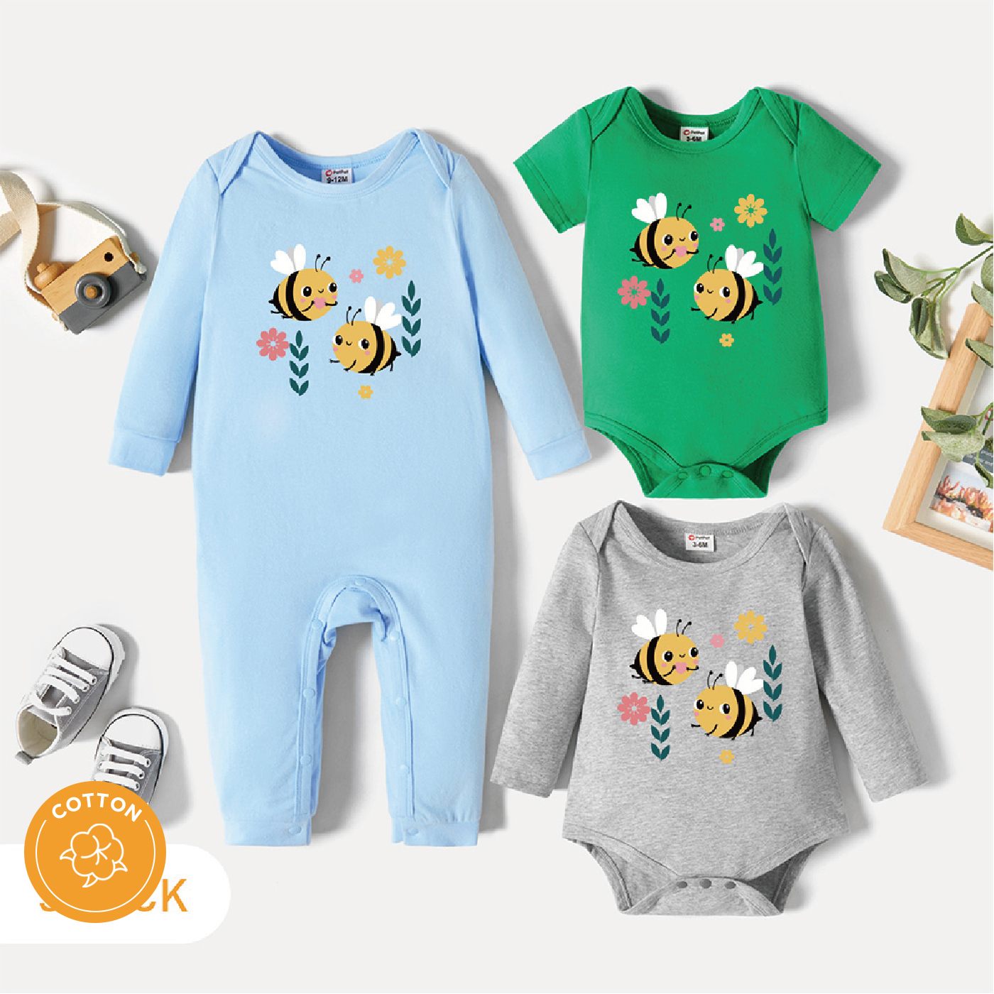 

3-Pack Baby Graphic Bee and Floral Print Romper Jumpsuit Set